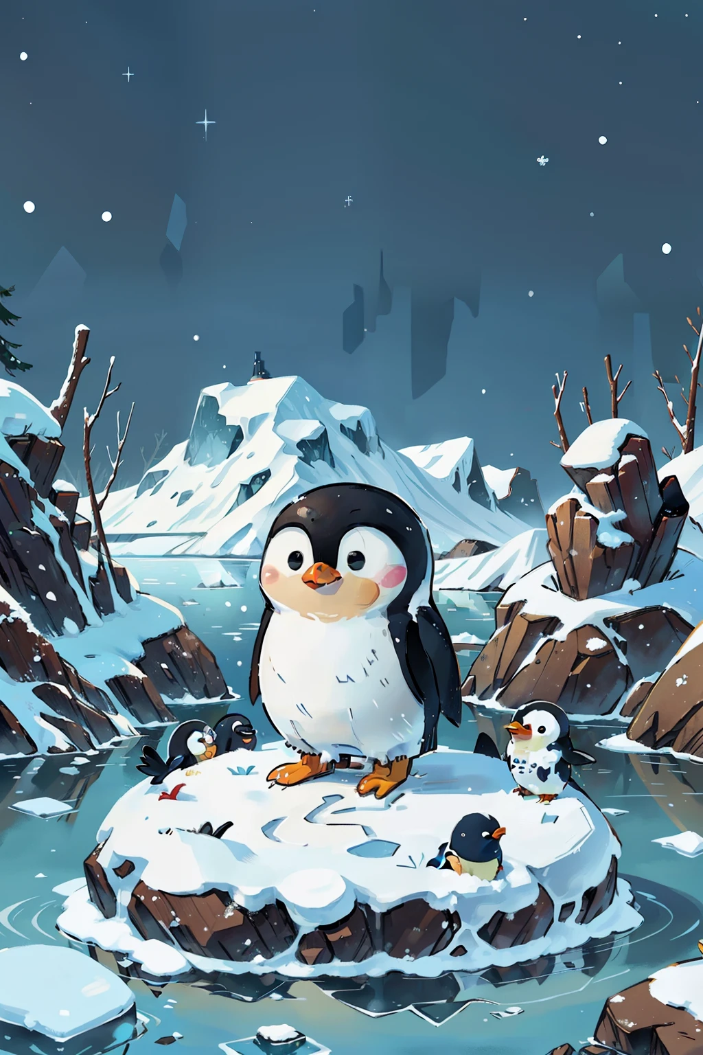 It generates an image of a sad and lonely little penguin on an island covered in snow and ice.