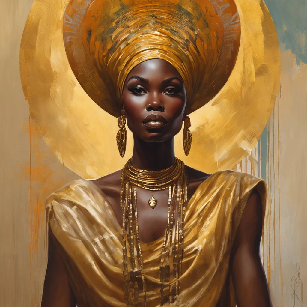 Close-up of a woman with a large headdress and a gold background, Dark skin Female goddess of love, a stunning portrait of a goddess, Princesse noire africaine, Jen Bartel, Rossdraw | Afrofuturisme, portrait of a beautiful goddess, Charlie Bowater riches couleurs profondes, magie noire, goddess. extremely high detail, Portrait of a dark goddess, Afrofuturisme