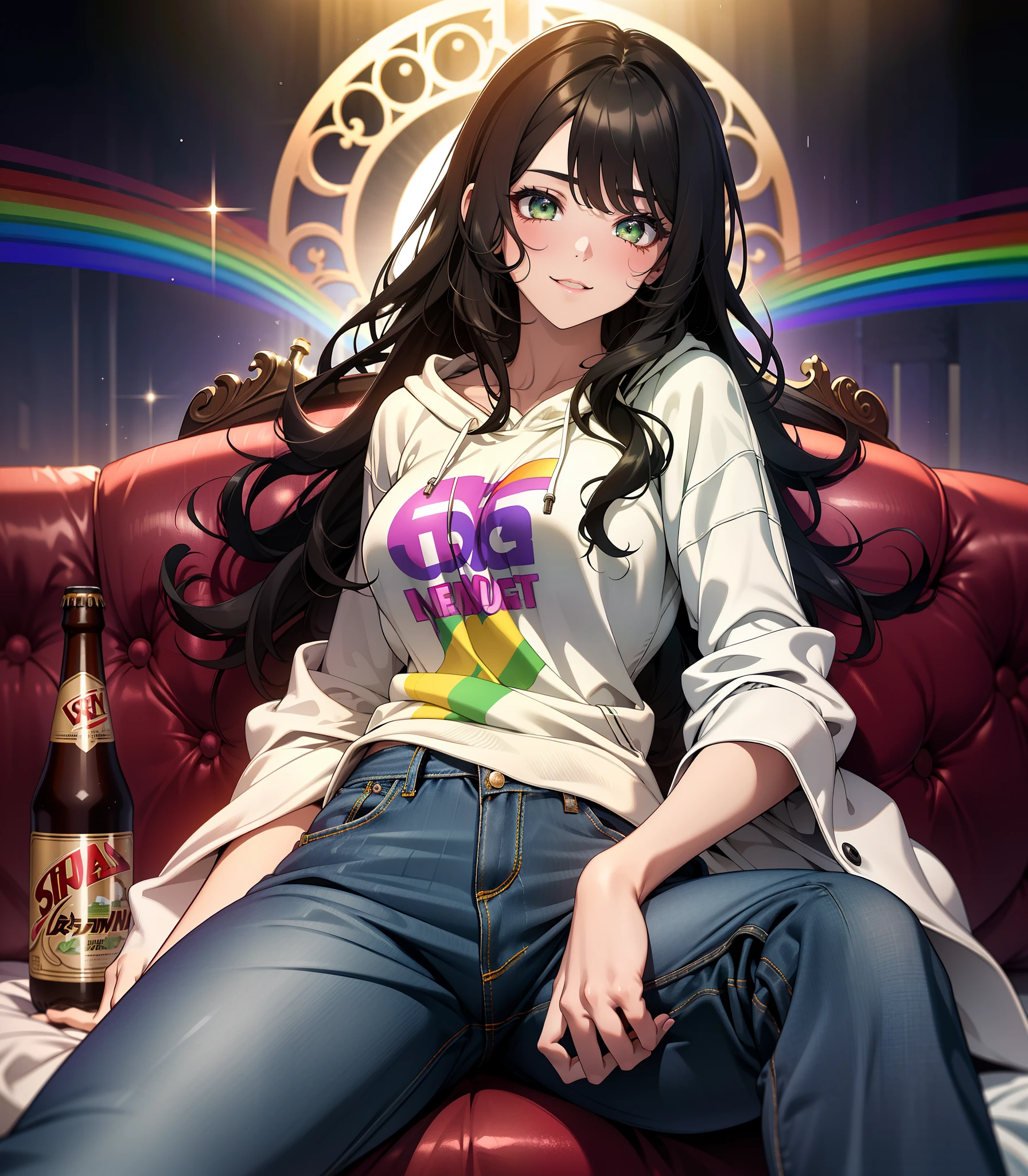 ((((A young woman))), the anime, ( Green eyes), (black hair), Nice face, ssmile, the perfect body, Wavy Hair, hairlong, (((morena))), big breastes, ((tmasterpiece, beste-Qualit)), illustartion, ультра детализированная 8k, Photorealistic, sharp-focus, higly detailed, Professional lighting, colorful details, Rainbow colors, Glowing, intricate detials, Vivid details, Jeans, худи, hoody, Sofa, Kemi, slippers, A bottle of beer in your hands