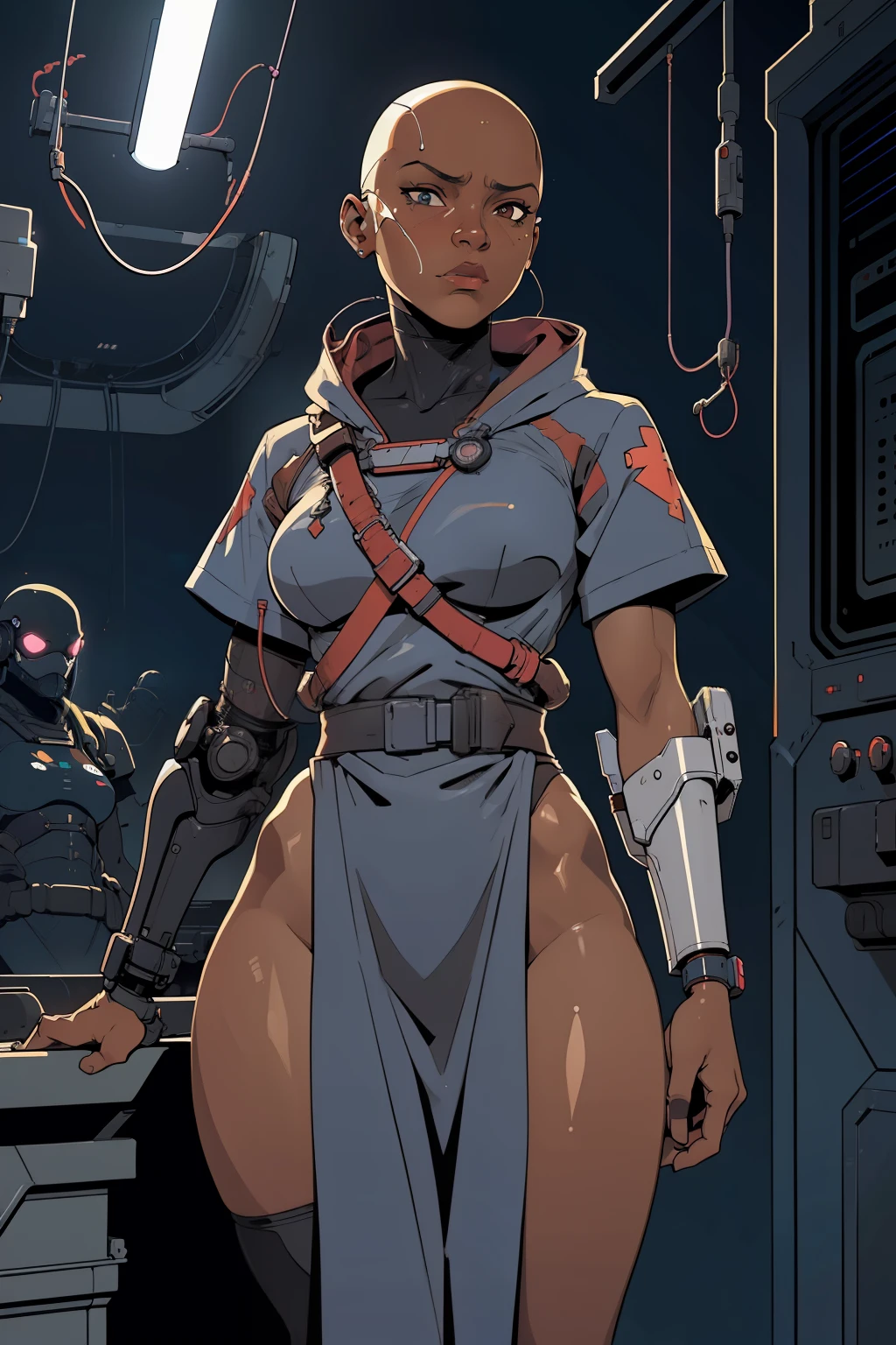 /movie, realistic, (flat colour:1.4), hospital, hospital gown, intensive care unit, 1female, bald, dark skin black woman dressed in hospital gown, feminine, mid-sized breasts, covered by hospital robe, curvy, (cybernetic left and right arm prosthesis), (prosthetic arms), high quality, high detail, realism, hyperrealism, correct anatomy, cinematic, masterpiece, y2k animation style, monochrome, gritty, atmospheric, cybernetic,