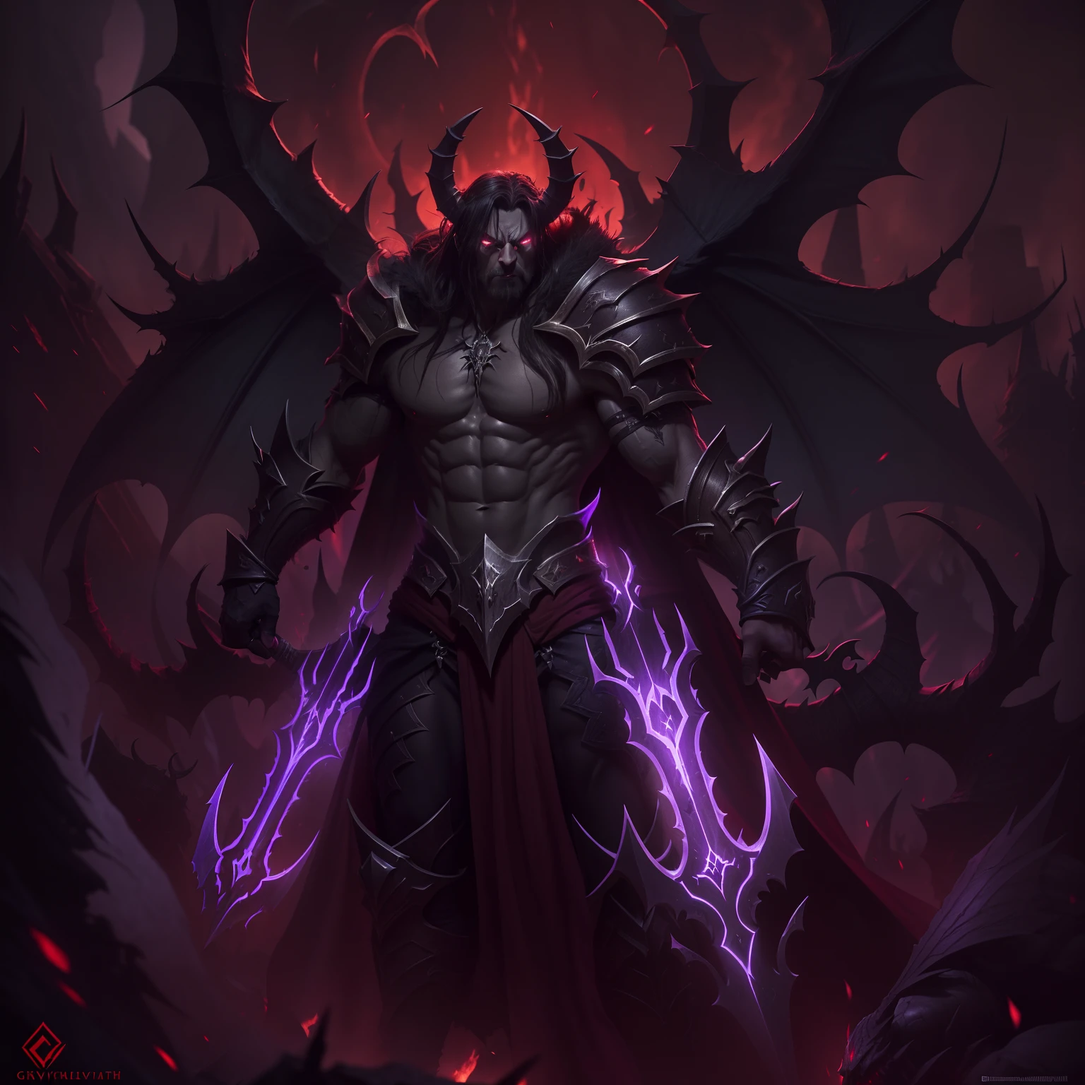 (Best quality, Detailed),(dark and angry,graveleux:1.3,sombre:1.2),ILLIDAN, World of Warcraft,
(Demonic wings, cornes pointues:1.3,dark red skin),two blades of Azzinoth,dark eyes,sinistre, regard intense, background dark, volumettic light