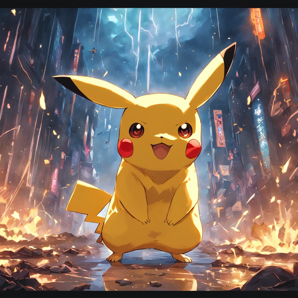 Crear una imagen de un pikachu humanoide arrodillado, Sostener una katana y levantarla, Make him an adult