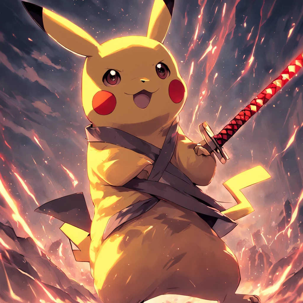 Crear una imagen de un pikachu humanoide arrodillado, Sostener una katana y levantarla, Make him an adult