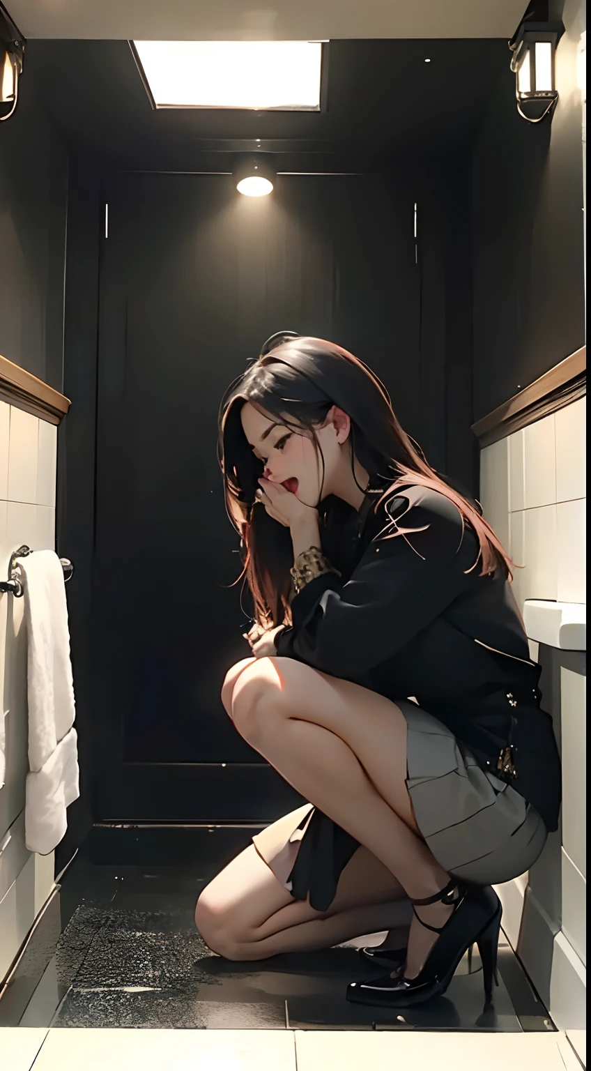 top-quality、8K、32K、​masterpiece、nffsw:1.2)、Sexy Woman、beautiful hairl、beautiful countenance、Nasty look、(((Dark)))、Toilet room、crouching down、Hot Dresses、a miniskirt、Ask for a hug、Obscene、Open mouth、dripping saliva