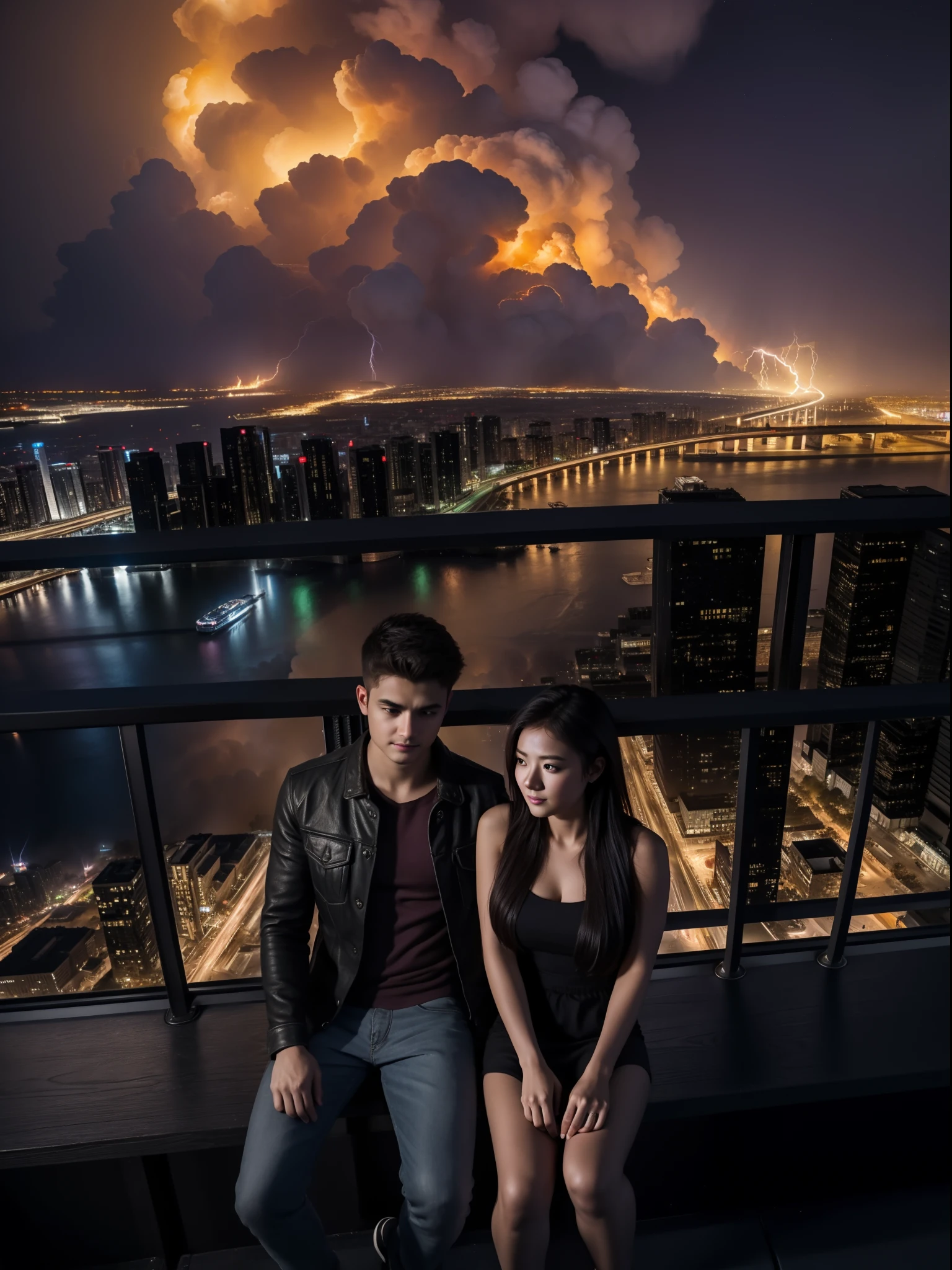 "A young woman and a young man sitting on a bridge, observing the breathtaking view of a burning city from above. The scene is rendered with highly realistic night vision, with thunder and lightning effects creating an immersive atmosphere. The image is of top-notch quality, boasting stunning 8K UHD graphics."