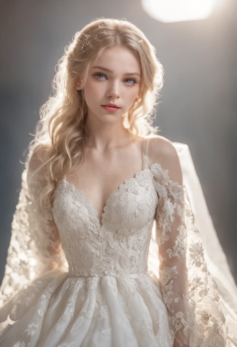 1 beautiful girl, full body, standing photo, white wedding dress, soft dress, blond hair, blue eyes, wavy hair, masterpiece, diffuse soft film lighting, portrait, best quality (perfect face:1.4), ultra-realistic highly detailed intricate realistic simulation style photo sharply focused on eyes, cinematic lighting, studio shot, gorgeous pose
