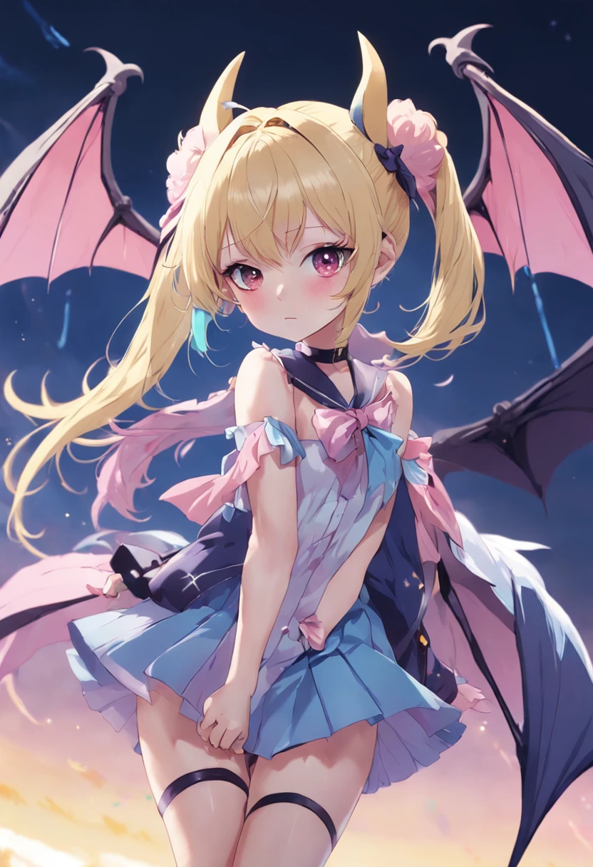 a beautiful masterpiece anime shot of a girl. She is half-bat, and has long bat ears, and a fluffy neck scarf. She has bat wings on her back The colors are pastel and muted. The color palette consists mostly of yellow, blue and pink, she has blonde hair with blue streaks styled in buns. she wears a short pleated skirt that is very fashionable. She is sitting in a throne made out of sweets and pastries. For example donuts, sprinkles, candy, lollipops, candycane, cake, cupcakes, cakepops. The picture has polka dot patterns and other cute aesthetics