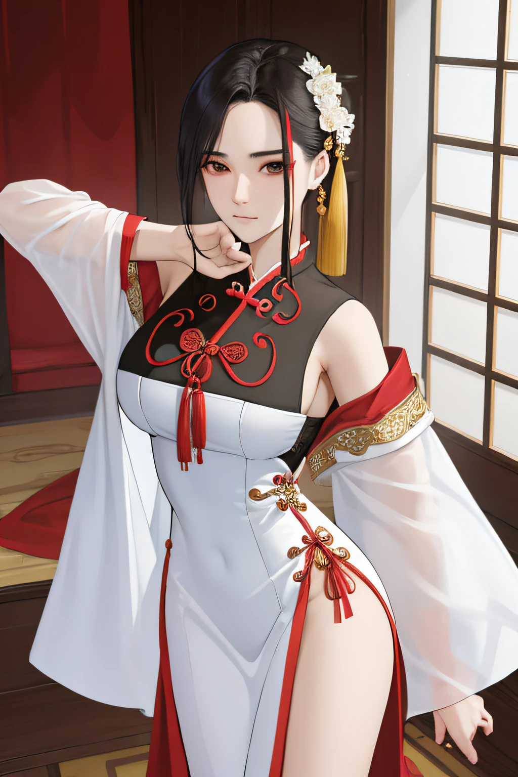 Uma bela mulher madura,usando roupas femininas hunfa wuxia,long hair up to the waist,cor negra,olhos escuros,roupa com vermelha com detalhes dourados,corpo escultural de uma musa,sensual,atraente,empunhando uma espada estilosa,next to an templo ancestral,filha do patriarca,protagonista