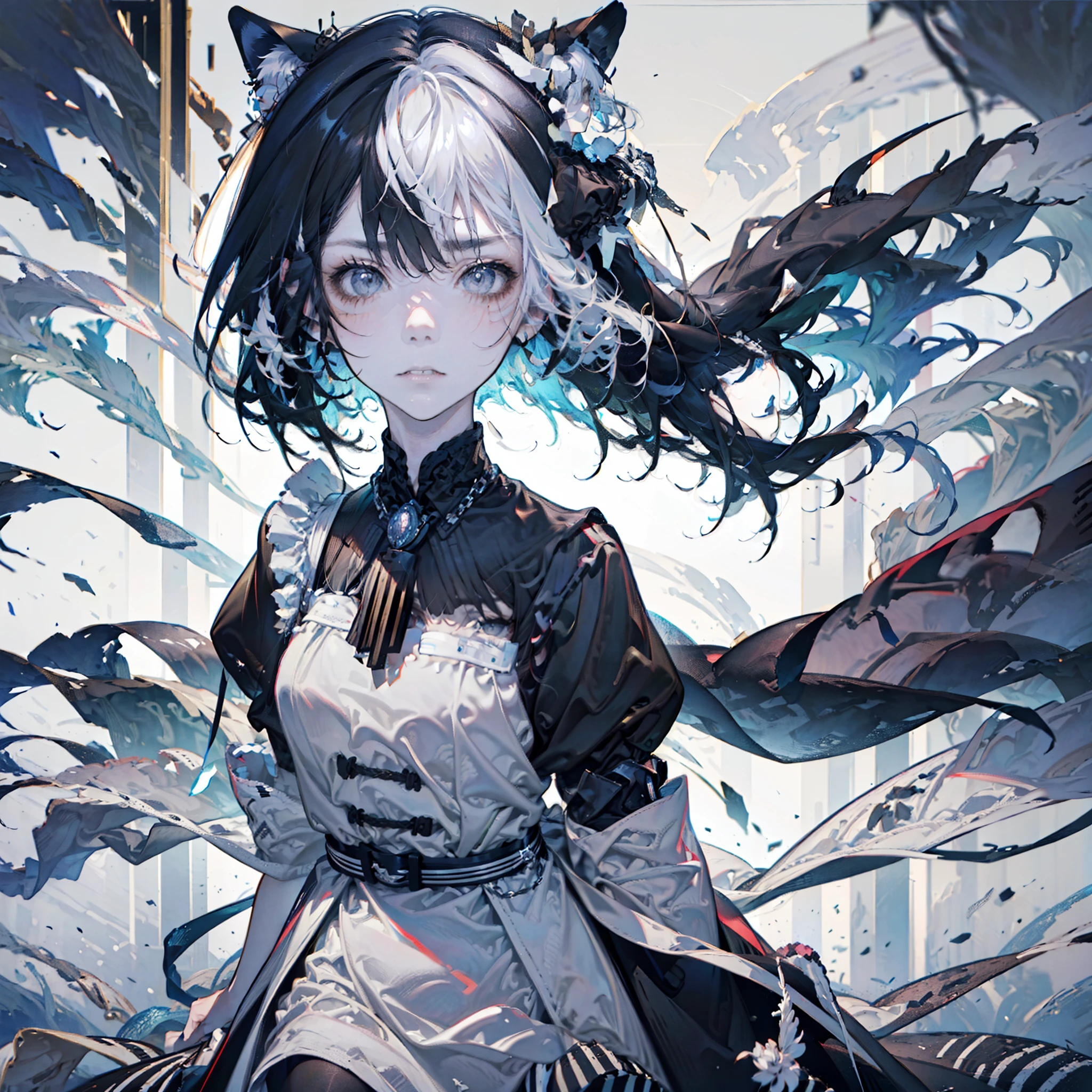 (clean detailed face:1.9), (1girl:1.9), (black and white hair:1.5), (black and white zebra stripe tights), (full-length gloves), ("large key" hanging from chain on her belt)+++, (chain wrapped around her waist)++++, (key attached to her chain-link belt)+++, (neat straight white bobcut)+++++, (silver-haired bowlcut haircut with black bangs)++, (zebra-stripe bangs), tired from working too hard, sighing, releasing a sigh, skeptically welcoming you, exasperatedly inviting you into a cluttered place, blank wide-eyed stare, unsettling spooky deadpan facial expression, (grey eyes)++, flat affect, slight frown, angry at you for interrupting her, catgirl maid with zombie-like stare, furrowed brow, skeptical expression, mature female, 30 years old, (a few black locks-of-hair of hair), (some black-dyed stripes in hair), (a few white locks-of-hair in her hair), (some white-dyed stripes in her hair), (some black-and-white zebra stripes in her hair), colorful, goth vampiress in the grimdark style of yoshitaka amano's vampire hunter d, (single camera shot of one catgirl maid)++, (unusual camera angle)++, (full-body camera shot of the catgirl maid)++, (low-angle diagonal camera shot of the catgirl maid)++, (entire body of catgirl maid is visible)++, (ground-level full-body camera shot of dracula's derpy christ-loving catgirl waifu facing the camera)++, catgirl horsegirl nekomusume umamusume horse ears cat ears maid, catgirl maid hostess welcoming you to the dirty cafe, in clean detailed anime art style, gothic, holy, black hair with white stripes, black and white striped hair, in the complementary styles of various different randomly-selected anime, gravestones and crucifixes, (middle-distance camera shot of the catgirl maid), two-tone hair, zebra hair, one white nekomimi and one black nekomimi, black and white fashion, black-and-white cat-striped tights, one of her shoes is black and the other is white, (in a grungy disheveled setting), (catgirl wearing a frilly turtleneck collar)