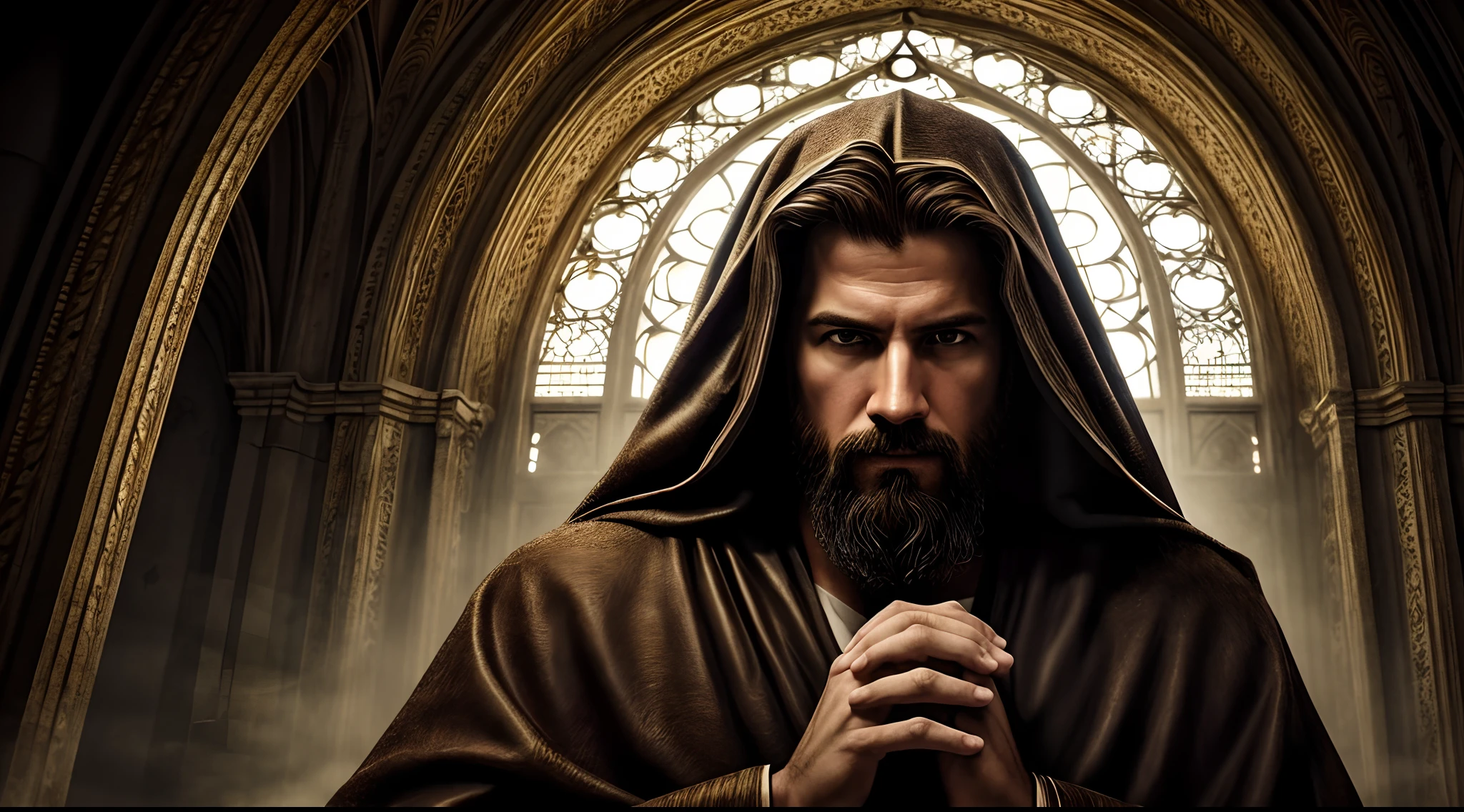 Generate a realistic illustration of the false prophet of revelation, conforme descrito nas escrituras. Ele deve ser retratado como um homem vestindo roupas religiosas escuras, ((cabelos curtos)), with a charismatic and mysterious look. portray it in different places