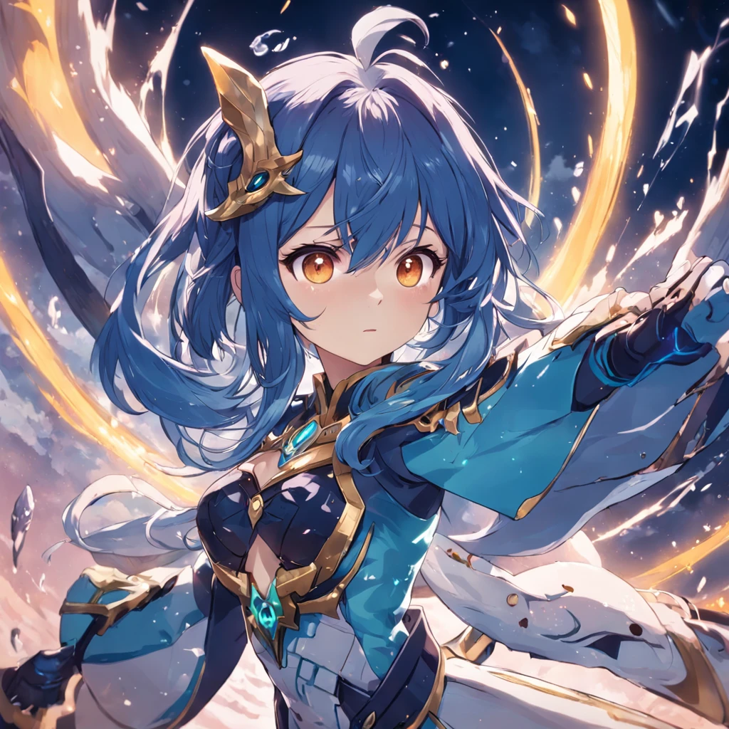 Top quality, masterpiece, girl, blue hair, blue eyes, transparent bikini armor, emitting light from the whole body, space ocean, floating, water spray, metroid powered bikini armor, full armor, powered leg, sentai hero battle armor