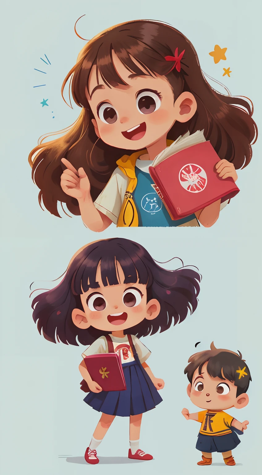 a small child, com sorriso largo segurando um livro. cabelo curto e castanho, como franja, roupa escolar e fundo de sala de aula. 4 anos de idade. cabelo castanho, camiseta branca e saia azul. Full-body character with multiple poses of the same character --v6