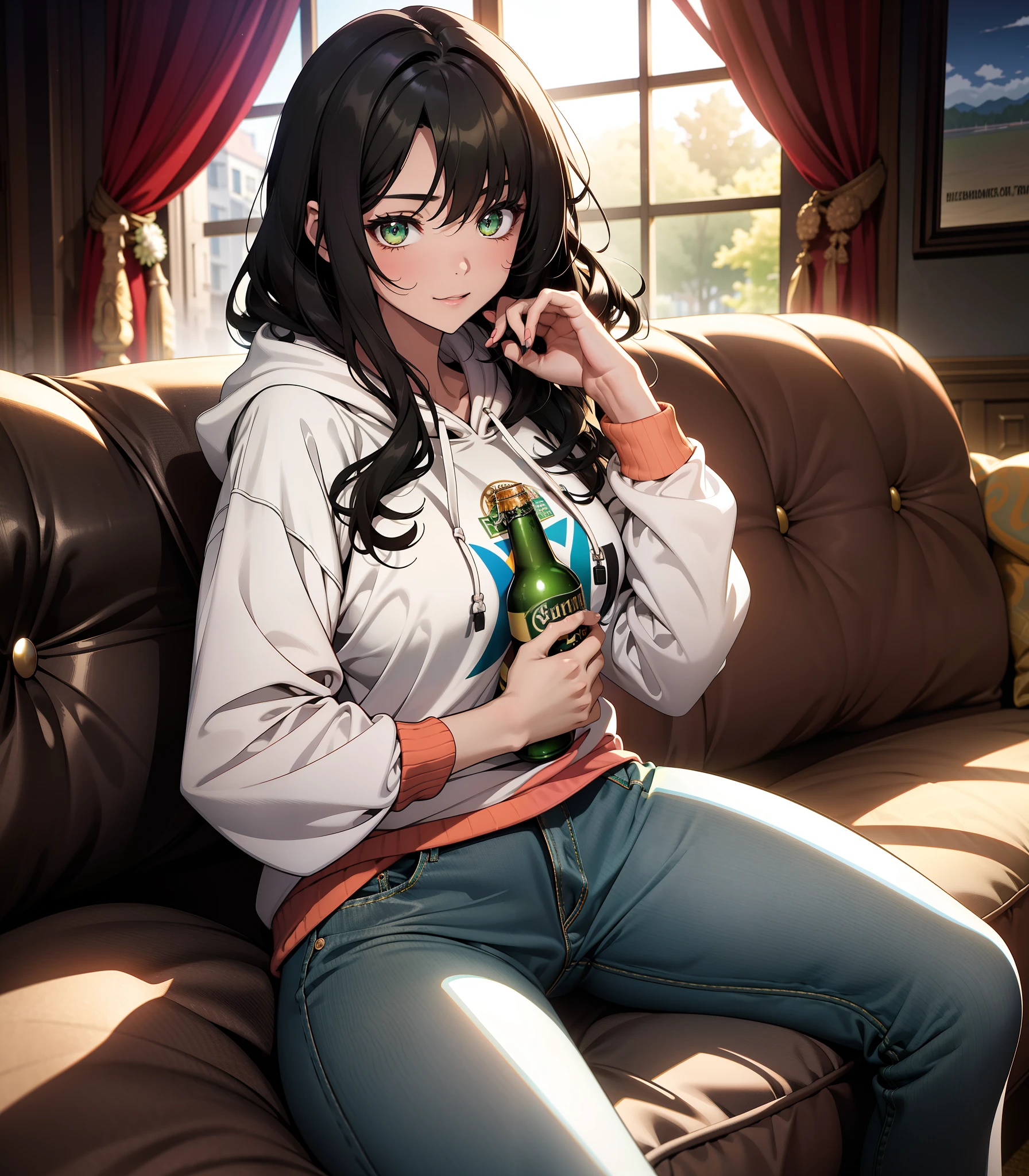 ((((A young woman))), the anime, ( Green eyes), (black hair), Nice face, ssmile, the perfect body, Wavy Hair, hairlong, (((morena))), big breastes, ((tmasterpiece, beste-Qualit)), illustartion, ультра детализированная 8k, Photorealistic, sharp-focus, higly detailed, Professional lighting, colorful details, Rainbow colors, Glowing, intricate detials, Vivid details, Jeans, худи, hoody, Sofa, Kemi, slippers, A bottle of beer in your hands