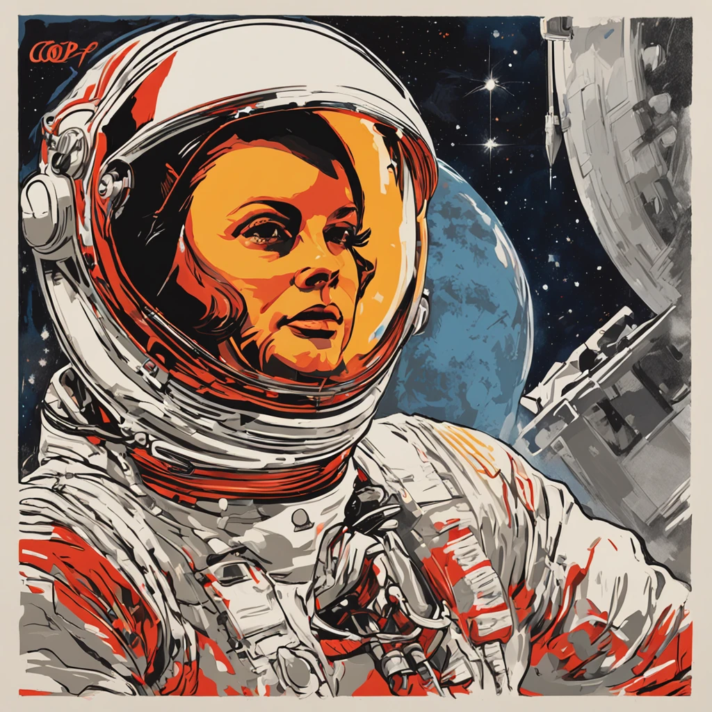 1girl, flat_breasts, cute, beautiful detailed eyes, shiny hair, visible through hair, hair between eyes, CCCPposter, sovietposter, red monochrome, Soviet poster, communism, Black_hair, red_eyes, vampire, teenage, Poorbreast, Spacesuit: Orange_clothing_body: jumpsuit ),white_gloves, white_space shoes, white_helmet, red letters CCCP on top of helmet, weightlessness, side light,  reflection, The person in the spacesuit is at the bottom left of the frame, The right hand is outstretched, the right hand gently touches the Salyut space station), Space Station in the upper right corner of the screen, Reflected light from the sun, Silver metal, red flag, brilliance, USSR style, diffuse reflection, Metallic texture, The view is a blue Earth,  mecha style, sea of stars, high tone, beautiful