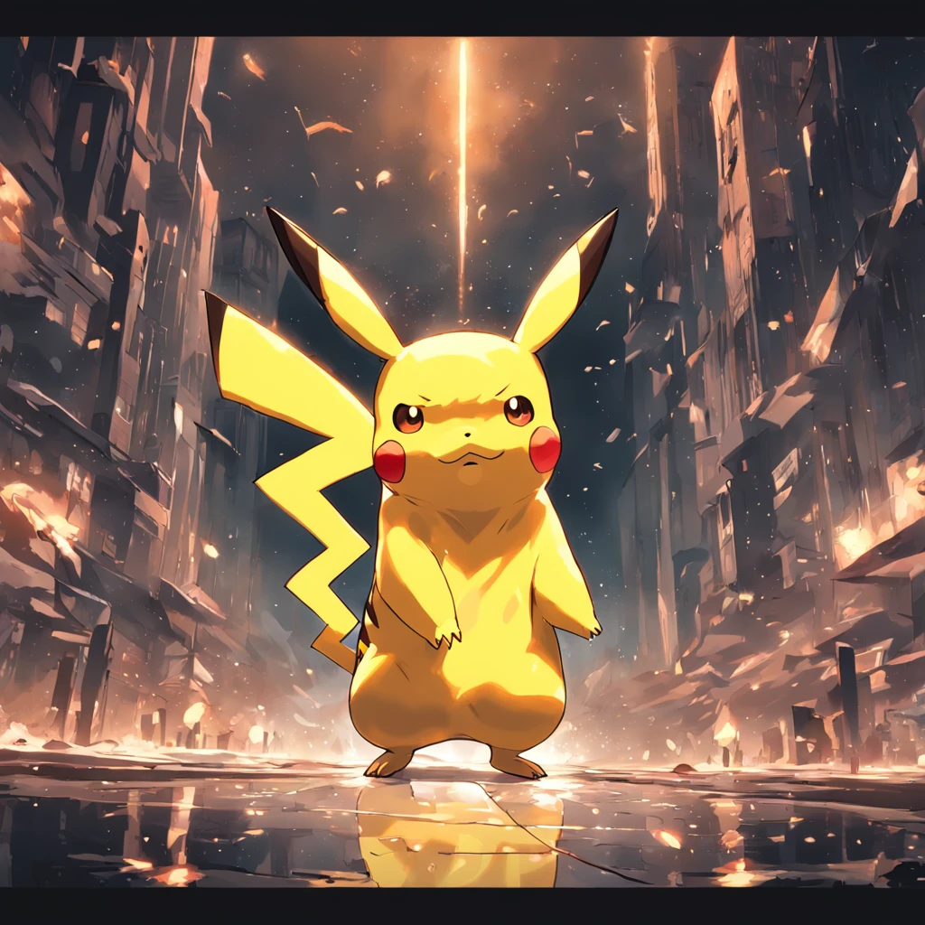 Crear una imagen de un pikachu humanoide , Sostener una pistola, Make him an adult, traje con camisa