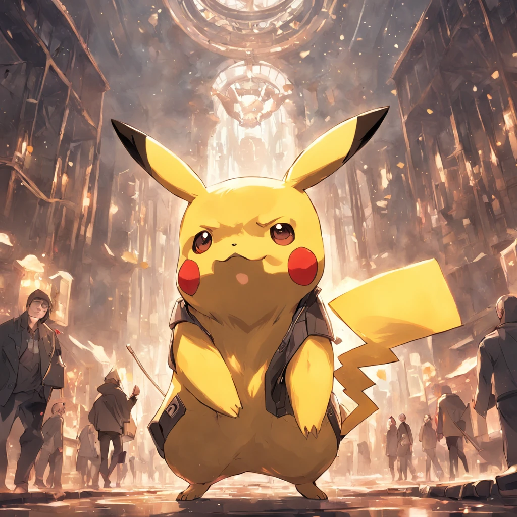 Crear una imagen de un pikachu humanoide , Sostener una pistola, Make him an adult, traje con camisa