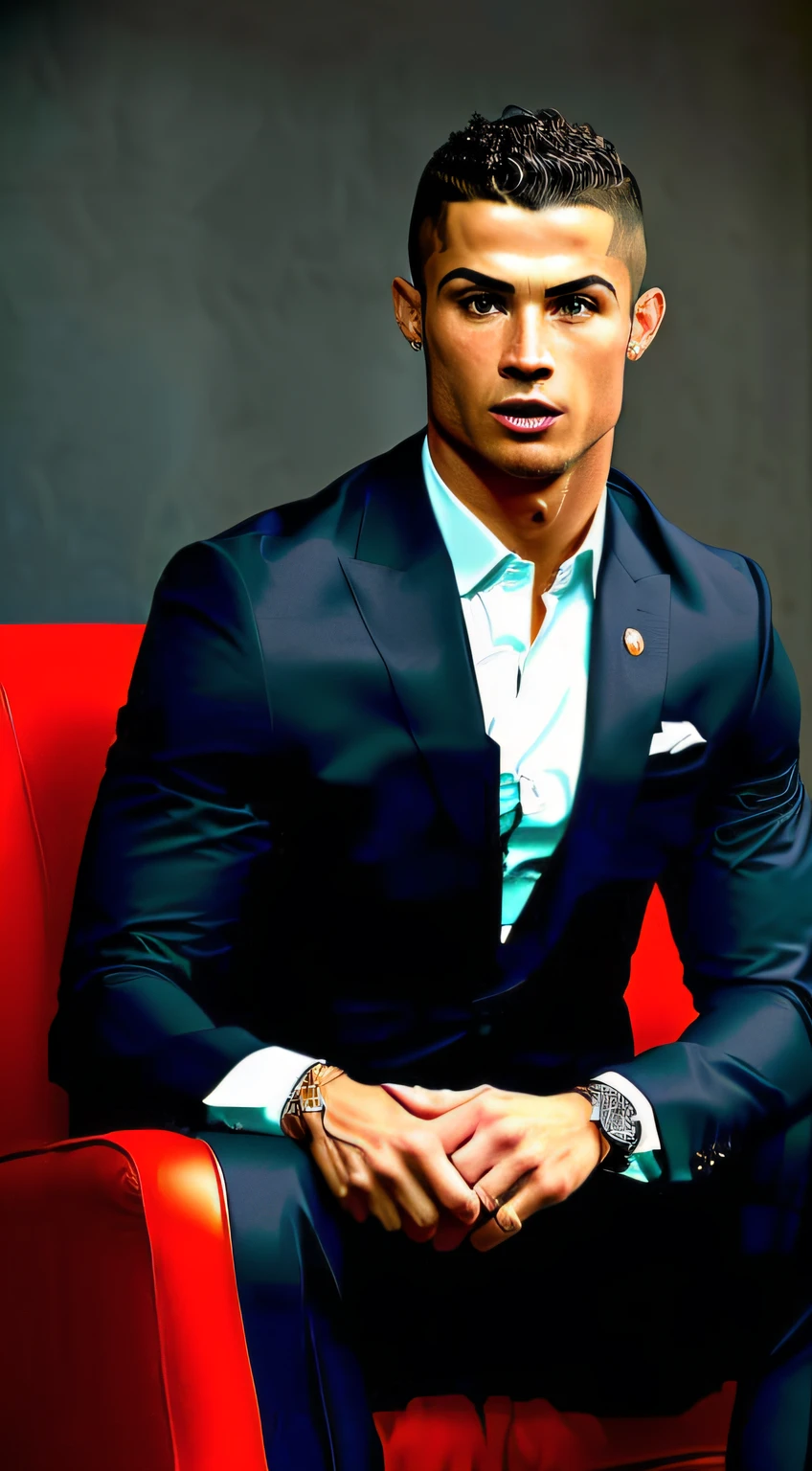 A realistic photograph of Cristiano Ronaldo in a studio setting. Cristiano Ronaldo is sitting in a dark brown leather armchair, wearing a flawless black suit. The focus is on Ronaldo's face, capturing every detail of his expression, his unique features and his intensity. The lighting is soft, highlighting the subtle shadows on his face and highlighting his piercing eyes. The surrounding environment is minimalist, with a neutral wall as a backdrop, allowing attention to focus entirely on Ronaldo. Photography, 50mm full-frame lens, ol --air 3:2 --v 5 Cristiano Ronaldo olhando fixamente a câmera