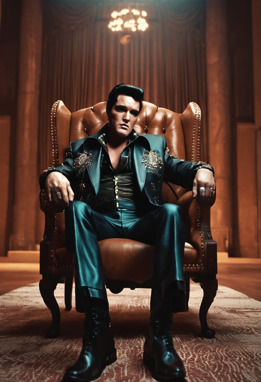Elvis Presley in a black jacket sitting on a throne as king with his head held high looking straight ahead, bad boy, elvis presley estiloso, detalhes de roupas, textura 8k, 8k, detalhes insanos, detalhes complexos, hiperdetalhados altamente detalhados, realistas, soft Cinematic Light, HDR, foco nítido, ((((cinematic visual)))), intrincado, elegante, altamente detalhado