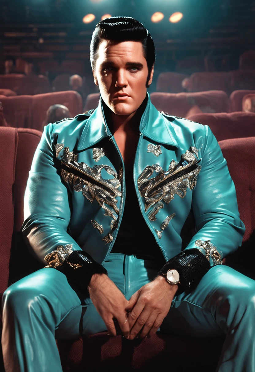 Elvis Presley in a black jacket sitting on a throne as king with his head held high looking straight ahead, bad boy, elvis presley estiloso, detalhes de roupas, textura 8k, 8k, detalhes insanos, detalhes complexos, hiperdetalhados altamente detalhados, realistas, soft Cinematic Light, HDR, foco nítido, ((((cinematic visual)))), intrincado, elegante, altamente detalhado