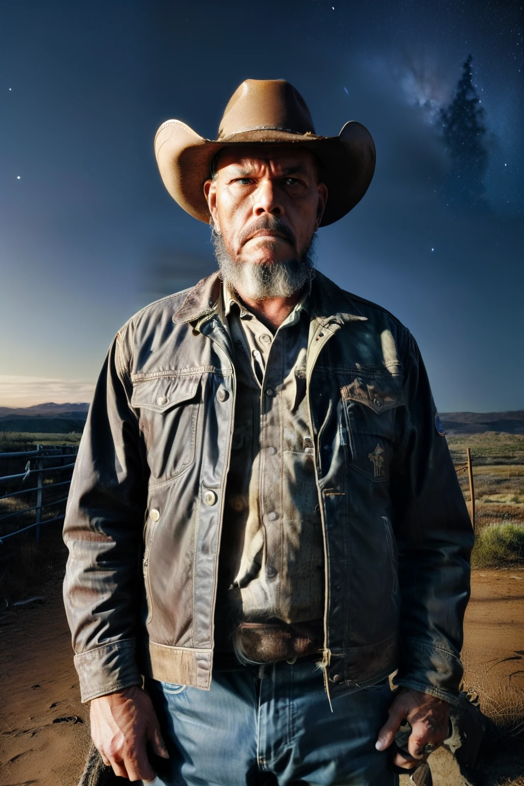guttonerdvision12, Photograph, color, portrait. cowboy, outdoor, night, rugged, weathered, stoic, cowboy hat, spurs on boots, a horse in the background, deep set wrinkles, piercing blue eyes, a determined expression, standing against a backdrop of a clear night sky filled with stars, the cowboy is looking off into the distance, best quality, ultra-detailed, classic western