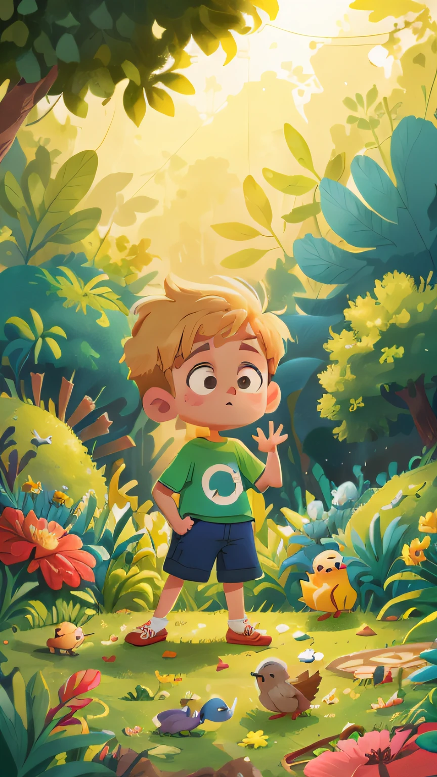 fada azul pequena, A 6-year-old blonde boy standing in a garden, qualidade perfeita, foco claro (mess - house: 0.8), (obra-prima: 1.2) (Realista: 1.2) (Bokeh) (Melhor qualidade) (Pele detalhada: 1.3) (Detalhes intrincados) (8K) (Detalhe Olho) (foco nítido), (assustado) (camisa vermelha) (short verde) (varias poses) (birds) (fadas) (conversando assustado com uma fada azul)