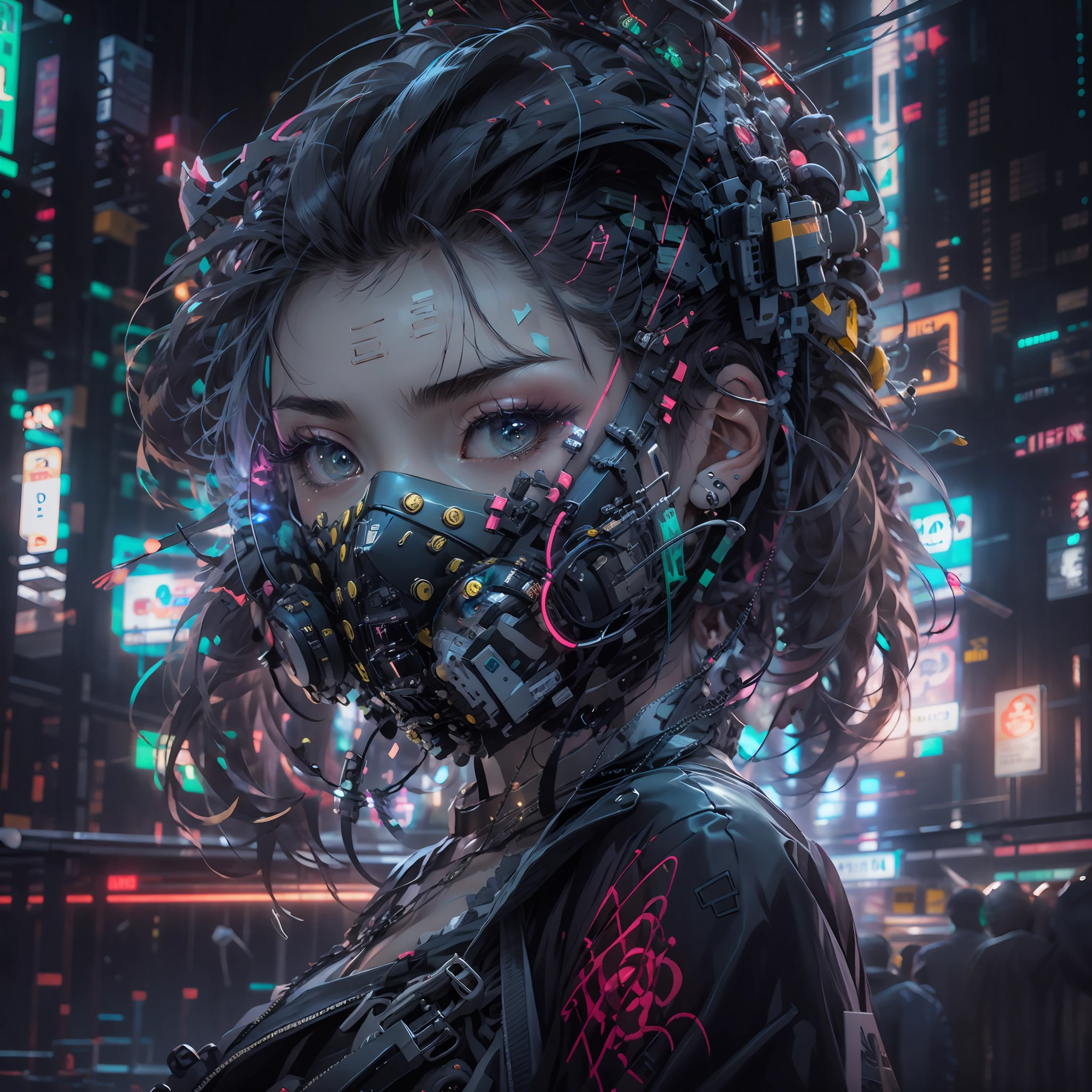 1girl, wear a cyberpunk mask, Neon mask, Detail mask, retrato do rosto, tiro de close up, de cima, CIDADE CYBERPUNK