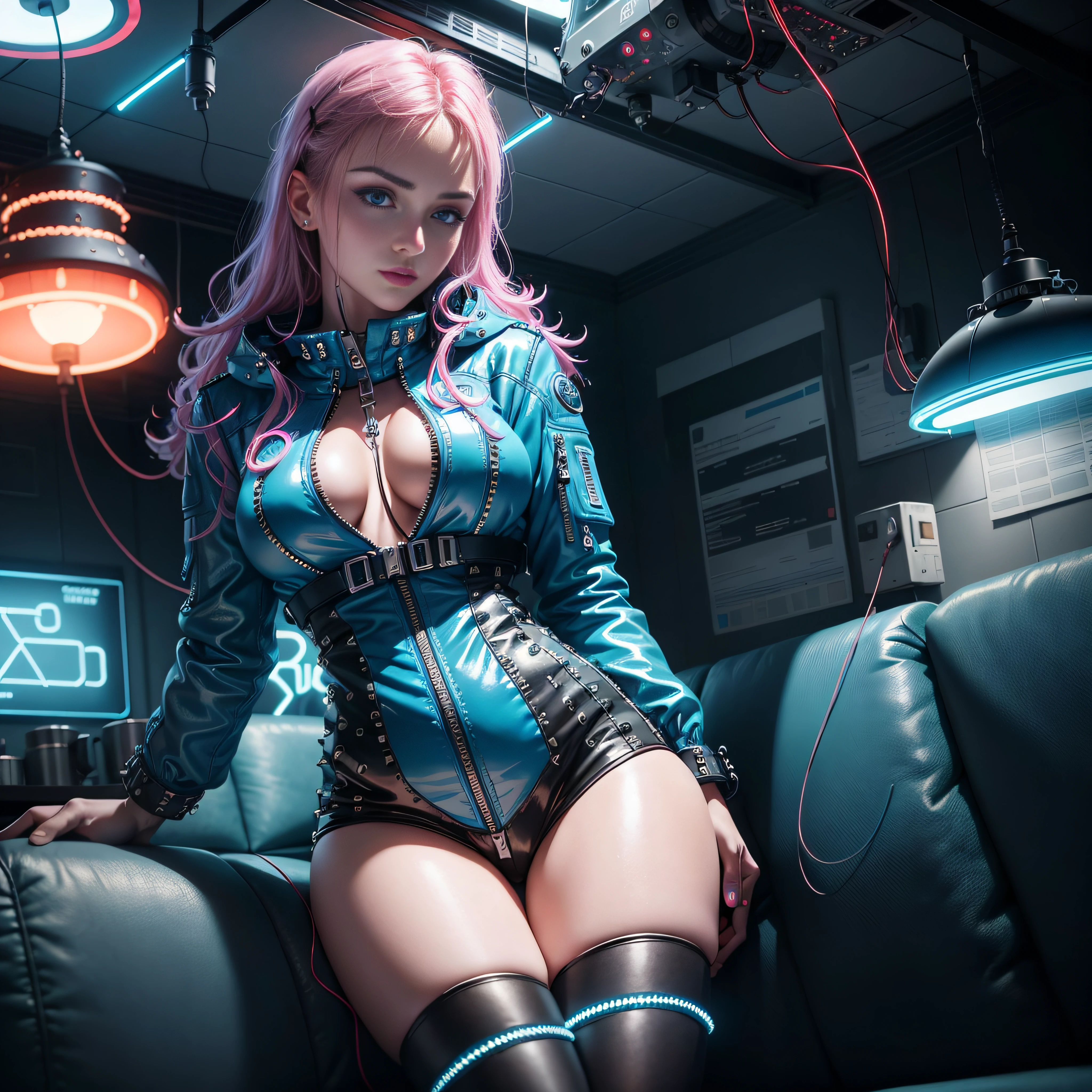 Adult Finland woman (blue neon Jacket With Rivets:1.3), rave fashion, (Leather sofa:1.6), (red sprinkler hair:1), (open zipper:1.1), (erotic:1.2), (sexy:1.3), (spaceship:1.5), (small server room:1), (glowing neon lights:1.6), (dangling sprinkler wires hang from ceiling:1.7), best quality, raw, masterpiece, super fine photo, best quality, super high resolution, photorealistic realism, sunlight, full-body portrait, delicate face, vibrant eyes, detailed face, stars background, gorgeous, highly detailed skin, realistic skin details, visible pores, sharp focus, high quality, photo realism, seen from below, translucent, (voluptuous:1), sensual, lascivious, dominant, (sexual:1.3), sexy, romantic, high quality, film grain, Cinematic Light, sidelighting, Lens Flare, Ray tracing, detailed face, detailed complex stars background, realistic skin details, visible pores, sharp focus, volumetric fog, overexposed light
