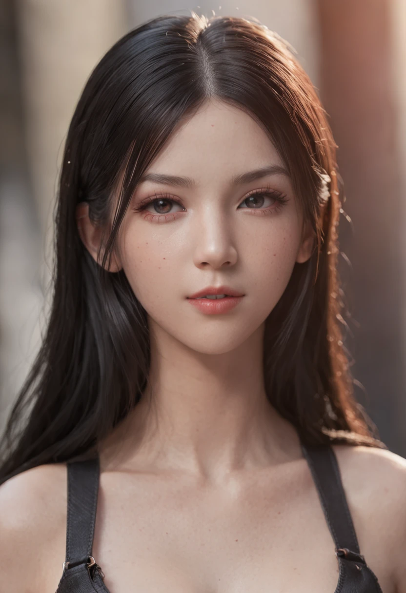 ((masterpiece:1.2)), (best quality), (full body view), tifa lockhart, red_eyes, black hair, long hair, shiny skin, shiny big, crisp focus: 1.2, very detailed face and skin texture, detailed eyes, perfect face, perfect body, detailed background, big with presence, , young cool and beautiful face, ((realistic tongue out:1.3)), (sexy pose), (she is teasing)
