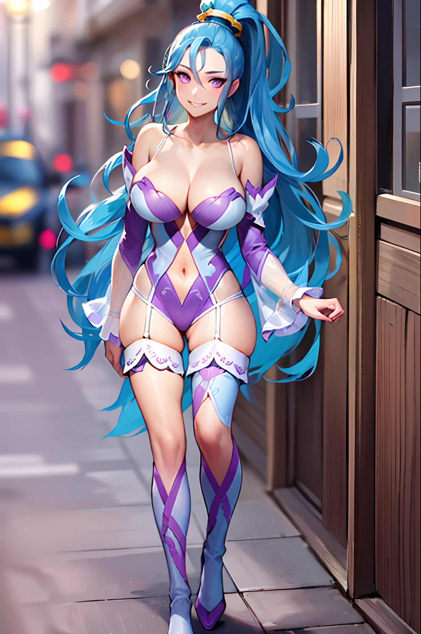 masterpiece, best quality, highres, 1girl, solo, long hair, high ponytail, blue hair, purple eyes, large breasts, collarbone, cleavage, leotard, detached sleeves, navel cutout, garter straps, ruins, night,, evil grin, walking, cowboy shot,full body