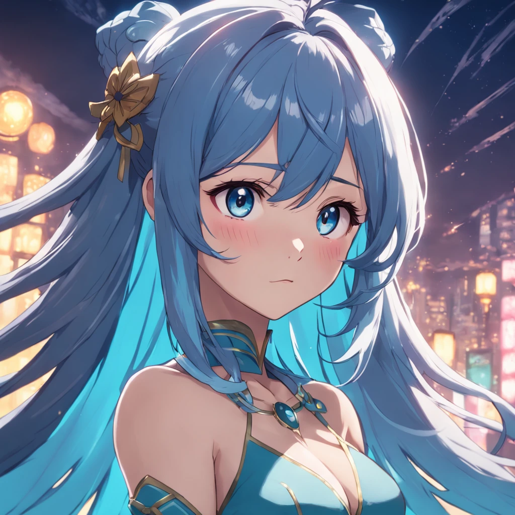 Menina sereia anime, imagem do avatar, avatar com um cabelo loiro, halfbody headshot, sombreamento estilo anime plano, Loira - Princesa Cabelos, mulher anime, Pose elegante real, personagem estilo anime, Shikami, azul, estilo anime plano