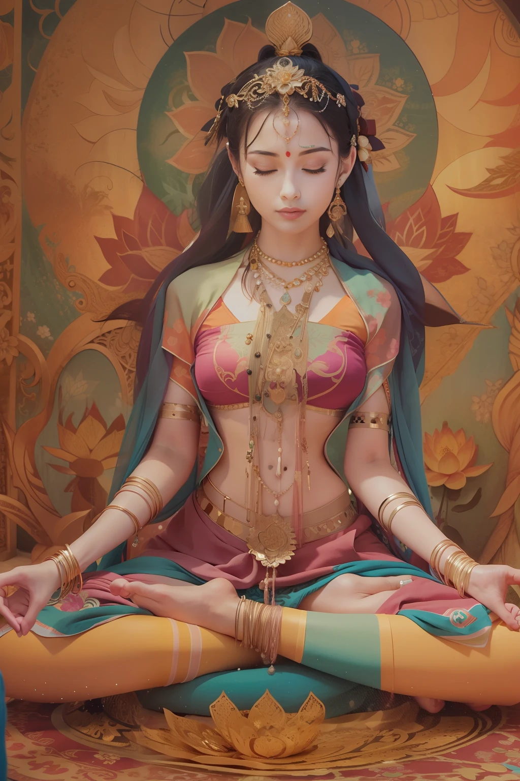 Young tantric priestess with tattoos and percings meditating in loincloths in a photorealistic Hindu temple --auto