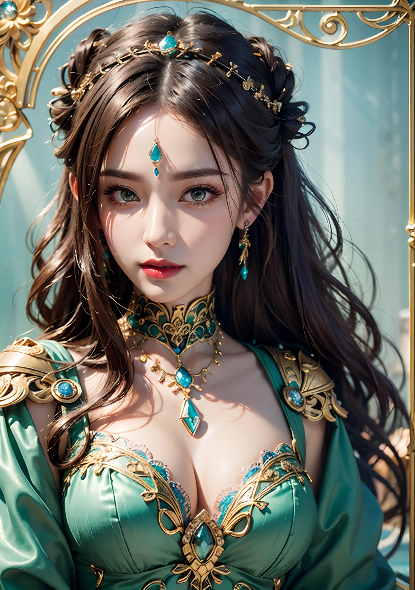（(独奏)）,Official Art,Face Focus,Looking at Viewer,One beautiful girl in costume from Greek mythology, Swarovski green silk dress, white lace top, Long Rainbow Ponytail, bangss:1.4,Swarovski crown, ear jewelry, Gorgeous Necklaces, Aqua Eye, Detailed makeup, Red Lip, a smile:0.8, closes mouth, eye line,eyeshadows,blusher, cleavage of the breast, a large bust, Slim waist, Greek style, fictitious art textures, Colorful and realistic colors, RAW Photos, Realistic Photos, ultra-quality,8K,extreme light and shadows, (Fantasy Light:1.8), , （Zentangle:1.37）, Perfect ???????,ultradetailed eyes,A detailed face,Detailed Limbs , Geometric pattern background,Upper body photo、Front photo:1.5