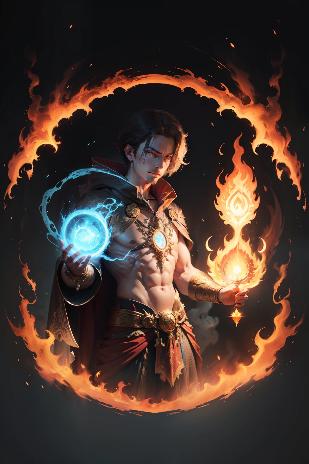 "An intricate depiction of an ancient sorcerer harnessing the power of portal magic, embodying a deity of raging flames."