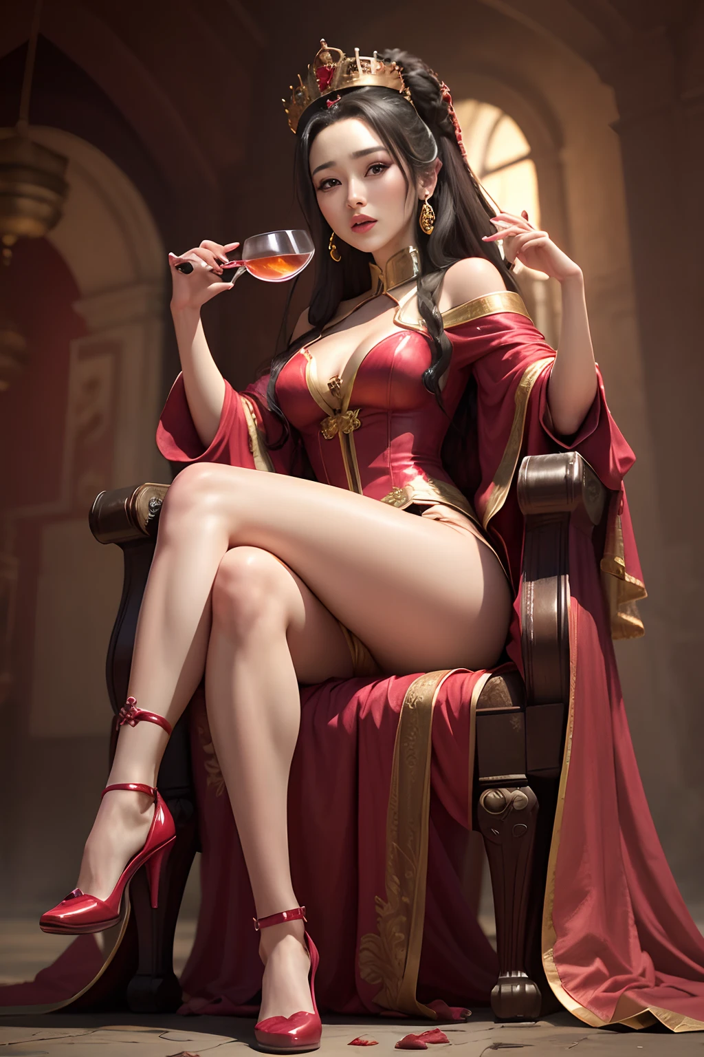 (cbzbb:1.25),sexzy queen as Li Bingbing,, Drinking wine,full body view, very horror background.1female, 8k, hdr effect,glory goddess sitting in sexzy bloody queen horror chair,