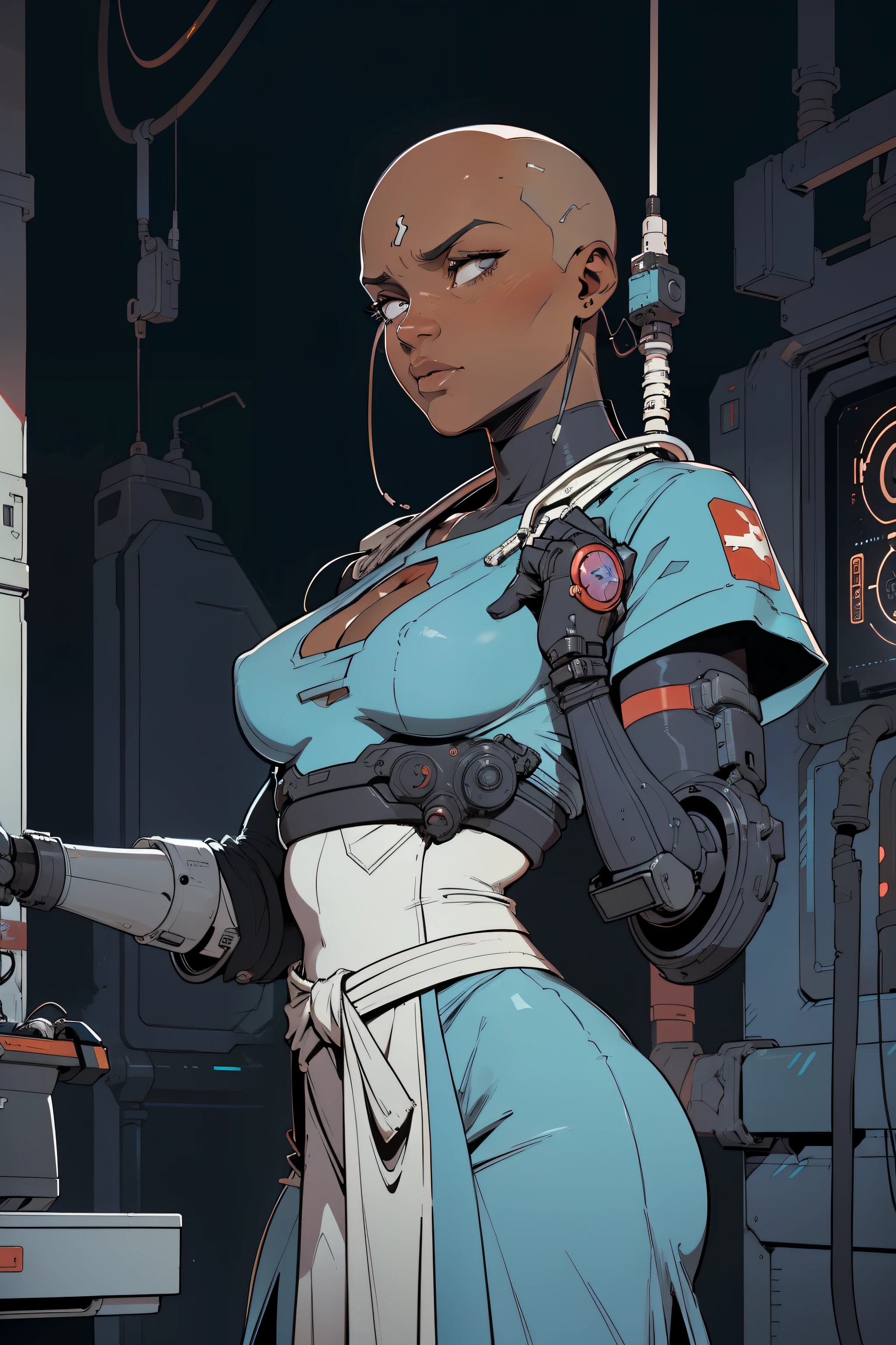 /movie, realistic, (flat colour:1.4), hospital, hospital gown, intensive care unit, 1female, bald, dark skin black woman dressed in hospital gown, feminine, mid-sized breasts, covered by hospital robe, curvy, (cybernetic left and right arm prosthesis and hands), (prosthetic arms and hands), high quality, high detail, realism, hyperrealism, correct anatomy, cinematic, masterpiece, y2k animation style, monochrome, gritty, atmospheric, cybernetic,