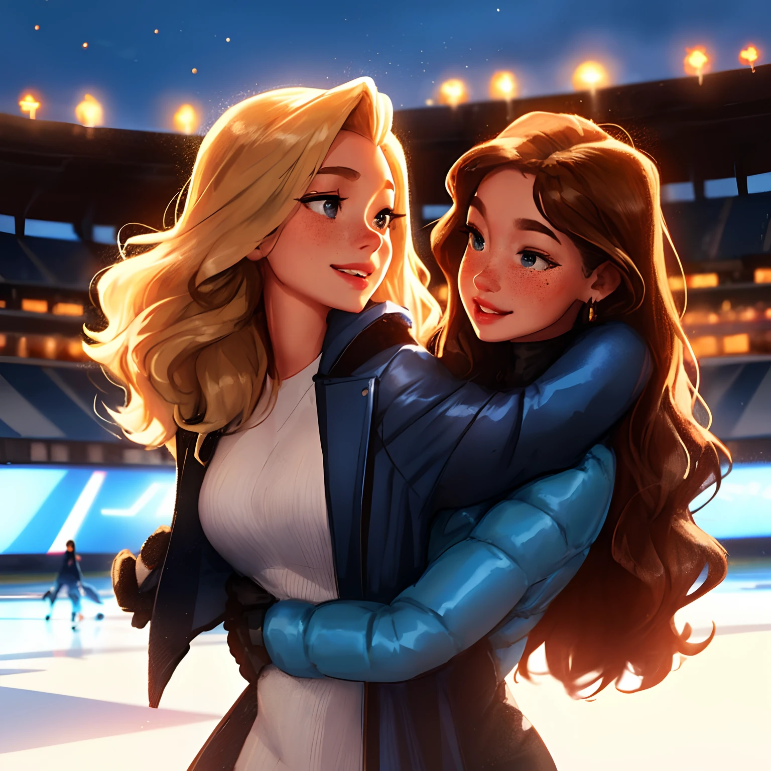 sam yang, 2girls, looking at each other, 1 girl, blonde hair, hazel eyes, long hair, curly hair, earrings, freckles, jewelry, lips, smiling, female ice skater, wearing a red jacket, parted lips, other brunette girl, brown hair, blue eyes, long hair, straight hair, freckles, smiling, parted lips, wearing a blue jacket, female ice skater, looking to the side, hugging, stadium background, night, depth of field, ((masterpiece))