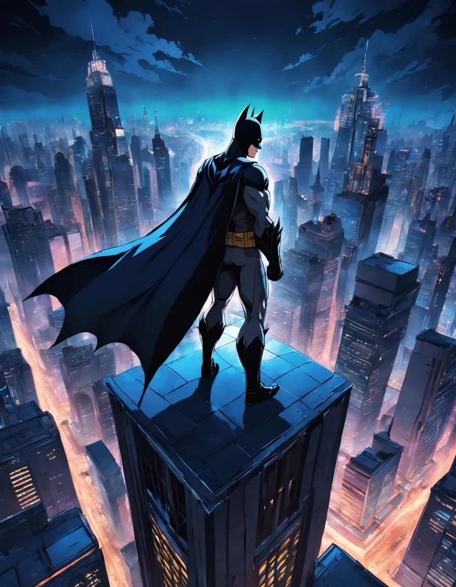 Batman on top of a tall building, observando a cidade de Gotham city, ambiente escuro e sombrio, fundo de noite, bat sign in the sky