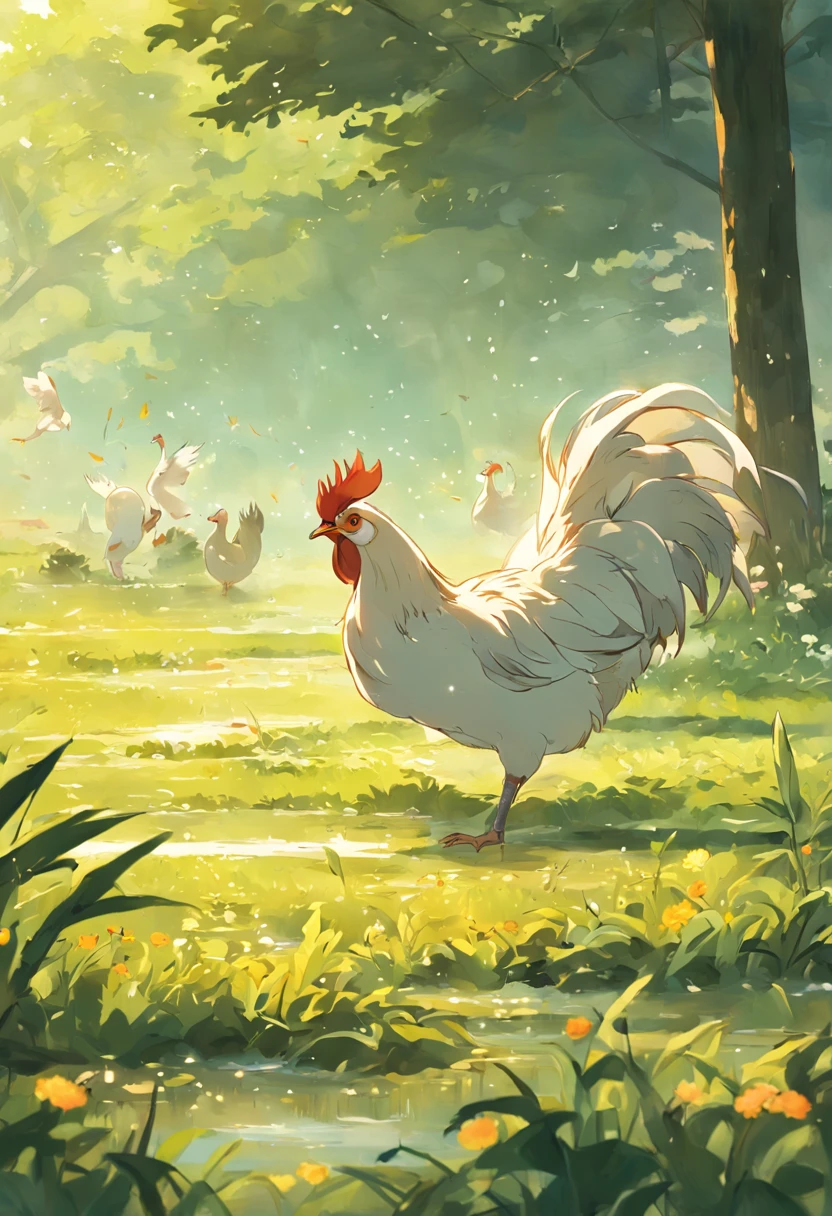 Early morning field,A gentle breeze,Several roosters sang the morning song,Sunlight shines through the clouds on the earth,Little birds sing happily in the trees,The mother duck in the pond takes the ducklings to swim in the water,A dog on the side of the road lies leisurely。