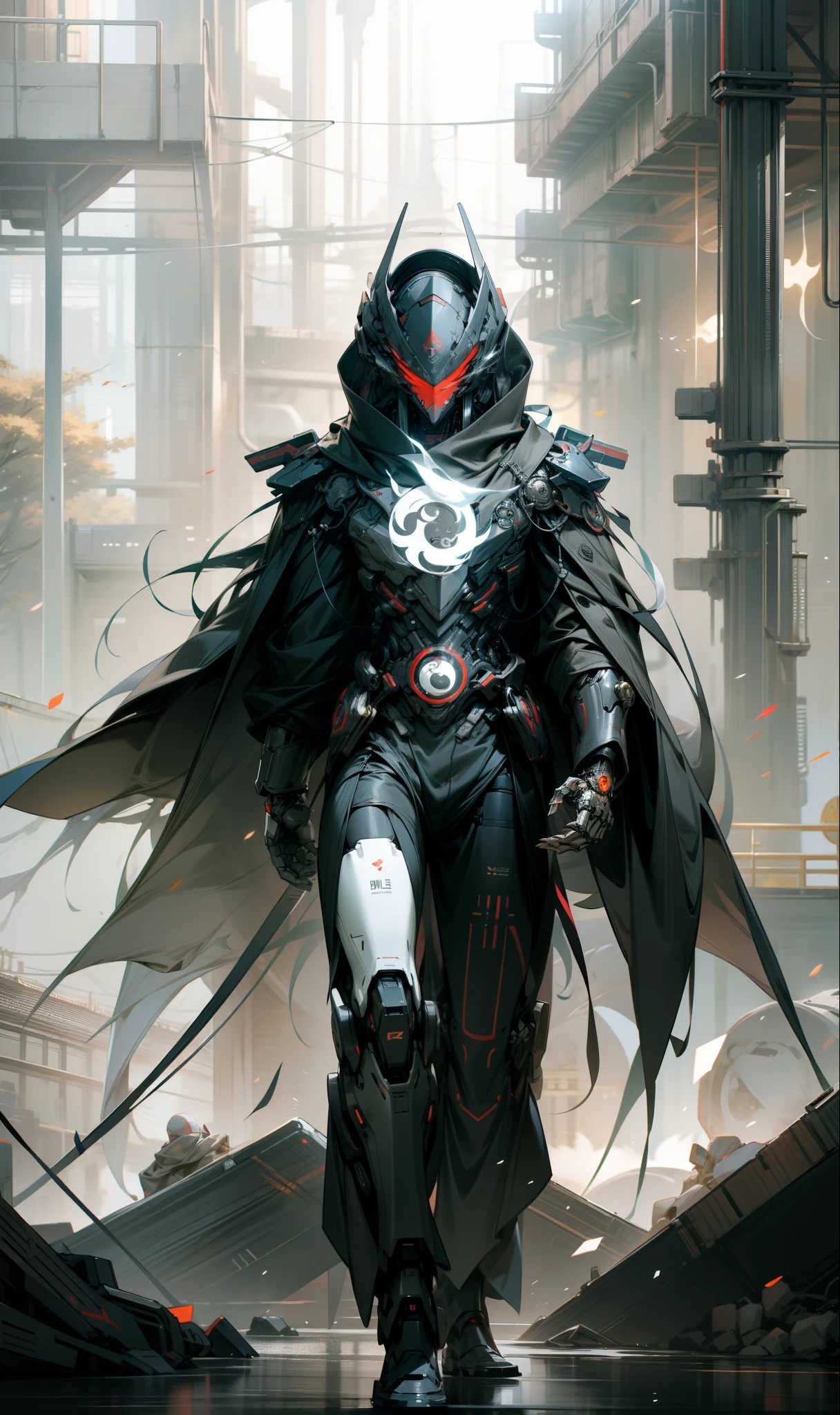 Tall mech,Black body,male people,red mask,Black General helmet,Use the plasma sword,There is a dragon particle effect,Yin and Yang gossip,Formation,mechanical sense,sense of strength,Sense of space,combats,cyber punk perssonage,Human body modification,Structurally sound,Battle instant,high-quality face,4K,High quality,Masterpieces