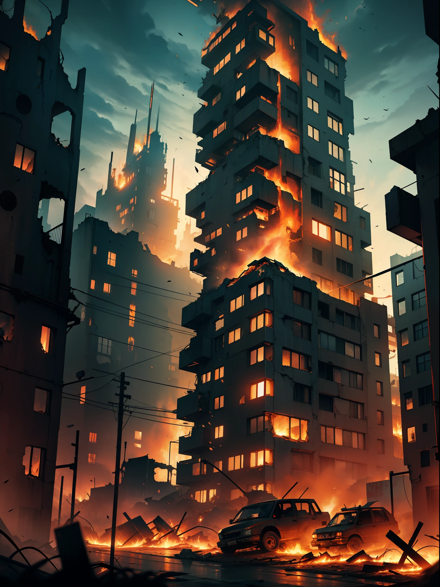 Flames and smoke tumbled from buildings in the city, burning building, the buildings are on fire, Burning buildings, building on fire, Buildings on fire, destroying a cityscape, Collapsed building, stunning digital illustration, andreas rocha style, burning city background, fires!! Hyperrealistic, city on fire, recusion beeple, amazing wallpapers,k hd。There were crowds watching,The crowd was dense,The crowd was very depressing