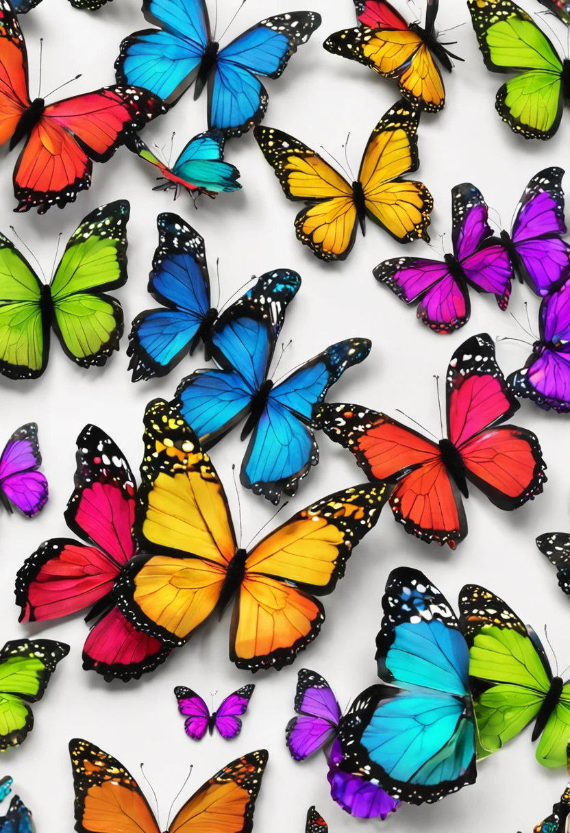 Create an art of a rainbow of butterflies, com cada uma delas em tamanho real e com cores vibrantes e detalhes ultra-realistas nas asas. Utilize cores vivas para destacar a diversidade e a delicadeza das borboletas.