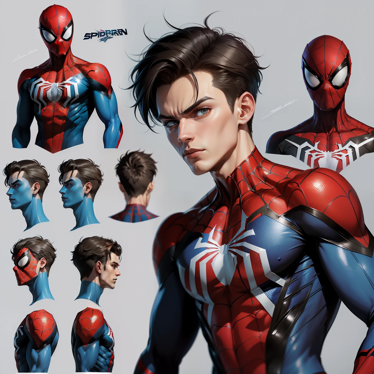 Spider-Man original character reference sheet, 2D male, blue color scheme, unique, spider sona