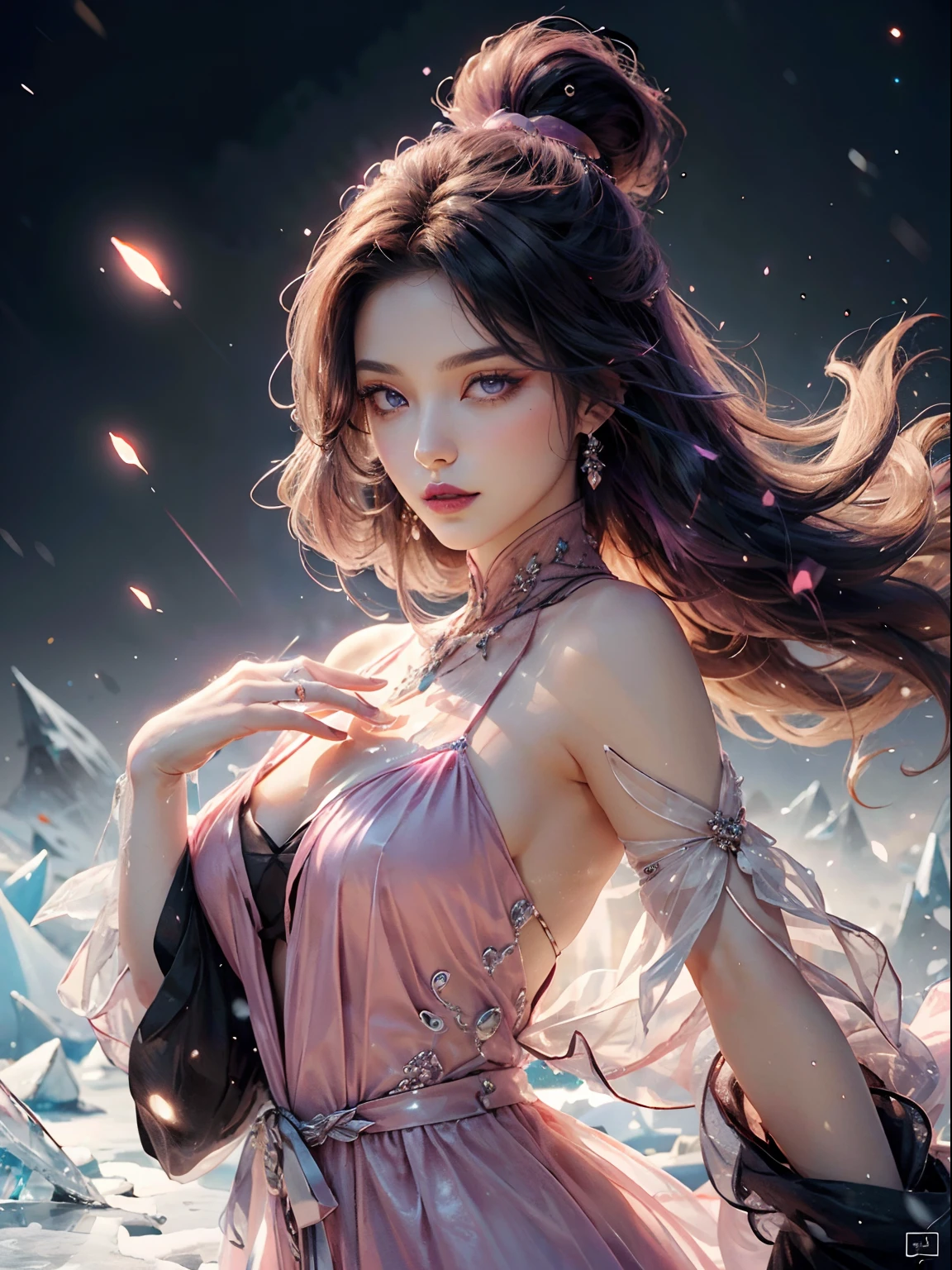 a close up of a woman in a red dress with long hair, beautiful alluring anime woman, a beautiful fantasy empress, inspired by Du Qiong, seductive tifa lockhart portrait, ((a beautiful fantasy empress)), seductive anime girl, beautiful anime woman, glamorous tifa lockheart, beautiful avatar pictures, mai shiranui, lady in pink armor, tifa, (lingerie:1.2), photo realistic, upon_body, tyndall effect, photorealistic, dark studio, rim lighting, two tone lighting, (high detailed skin:1.2), 8k uhd, dslr, soft lighting, high quality, volumetric lighting, candid, Photograph, high resolution, 4k, 8k, Bokeh, breast out, (nude:0.9), (purple eyes color), (transparent armor:1.0), big breast, --auto --s2
