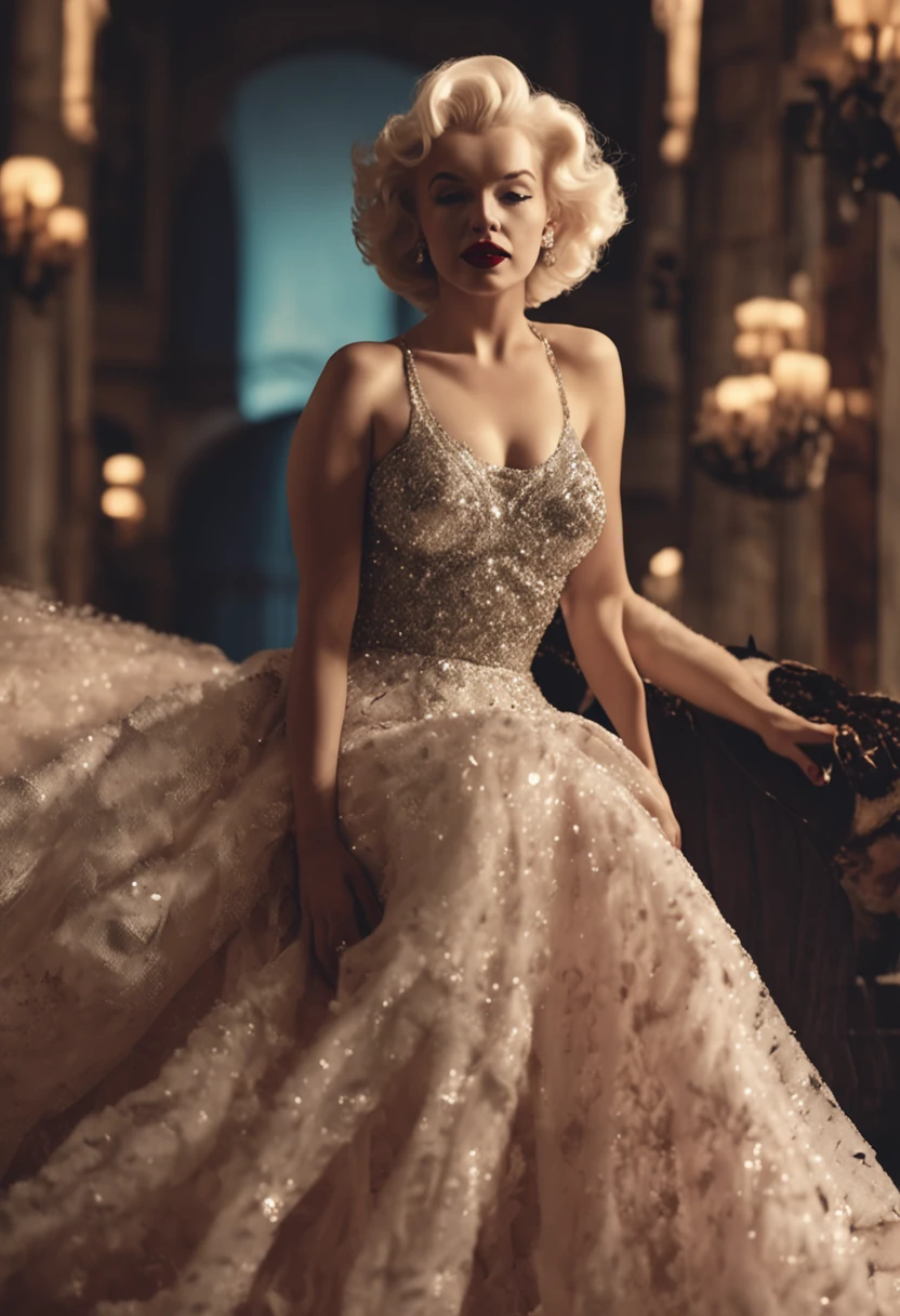 marilyn monroe com um vestido longo sentada em um trono como princesa, marilyn monroe linda, detalhes de roupas, textura 8k, 8k, detalhes insanos, detalhes complexos, hiperdetalhados altamente detalhados, realistas, soft Cinematic Light, HDR, foco nítido, ((((cinematic visual)))), intrincado, elegante, altamente detalhado