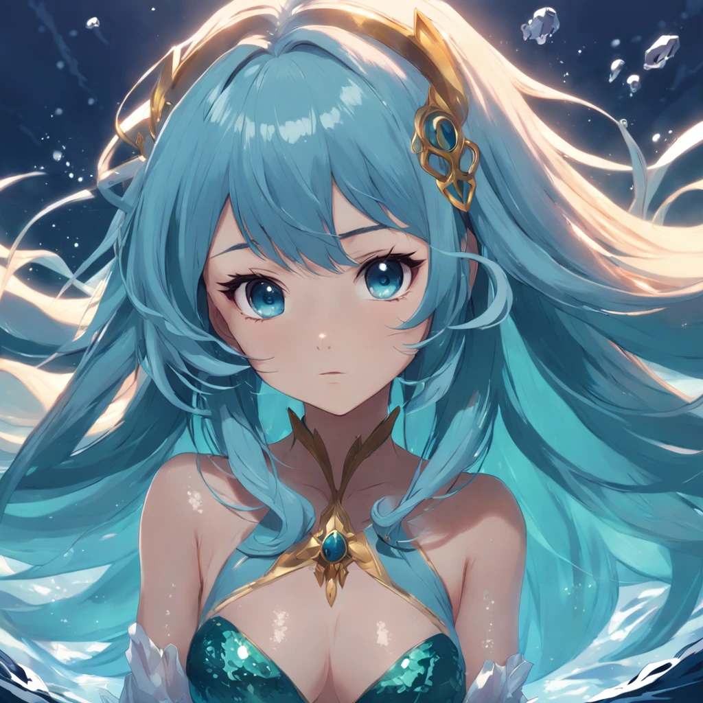 Menina sereia anime, sereia, mermaid, water powers, com um cabelo loiro, halfbody headshot, sombreamento estilo anime plano, Loira - Princesa Cabelos, mulher anime, Pose elegante real, personagem estilo anime, azul, estilo anime plano, pose poderosa