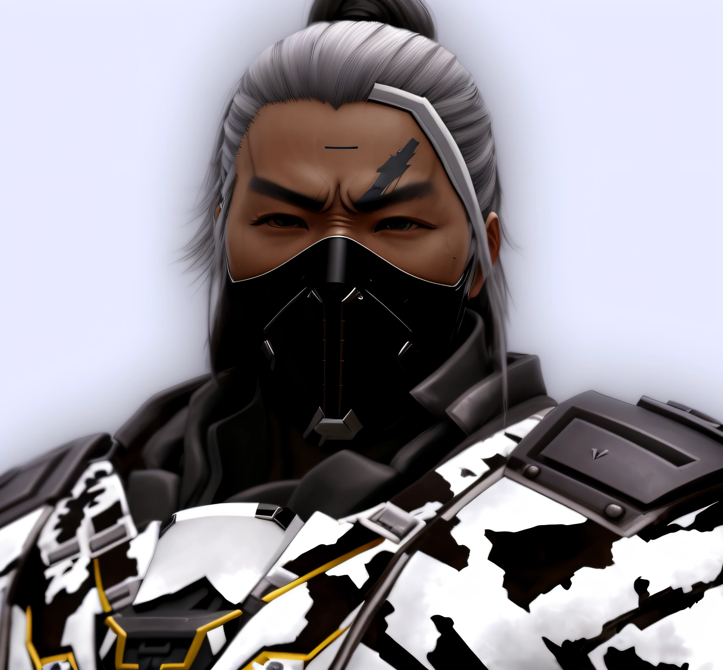 There is a man with a mask and a black and white jacket, Raiden Metal Gear, Genji, portrait of a cyberpunk samurai, Irreal 5. Retrato RPG, Noble cyborg, Samurai cyborg, Hanzo de Overwatch, japanese cyborg, como personaje en Tekken, Genji de Overwatch, Raiden de Metal Gear Rising, Retrato de Apex Legends