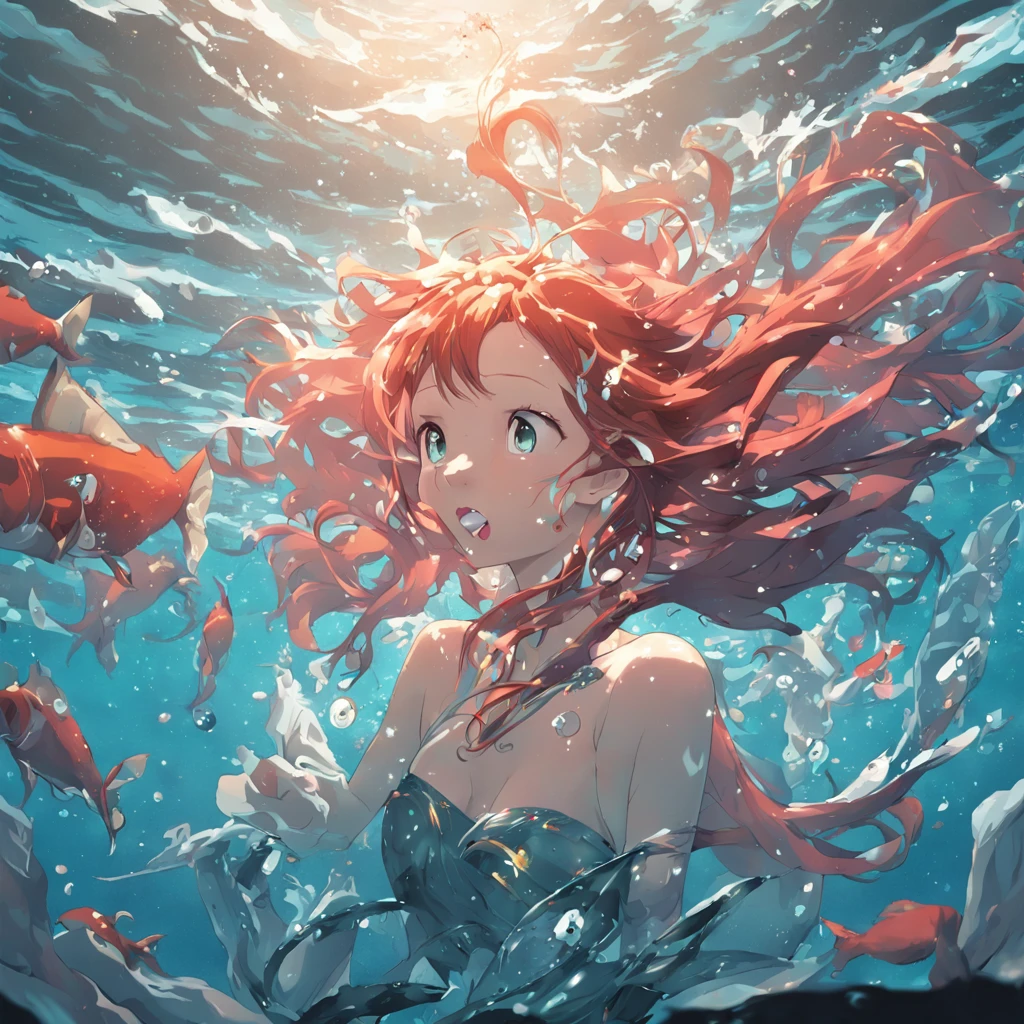 Sirena con cola de pez, realista, cinematiclight, anime