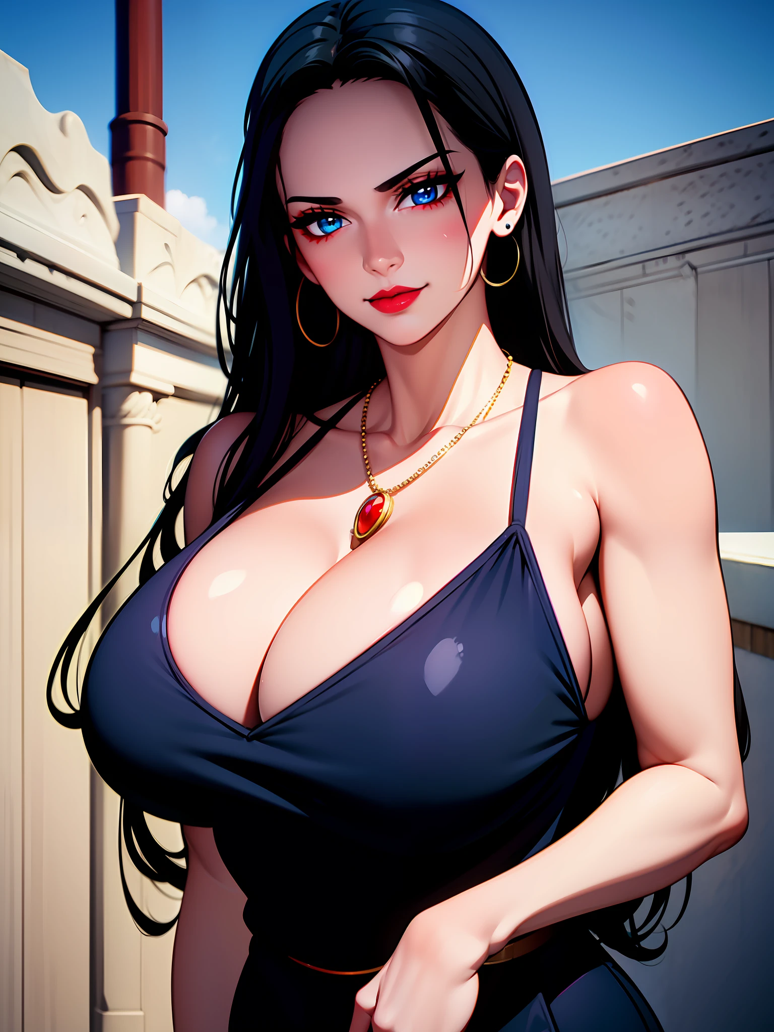 Girl, smile, red lips, long hair, black hair colors, big nose, big tits, sexy pose, sexy body, fair skin, wear earrings in the ears, wearing a necklace, black lingeria clothes, beautiful girl, blue eyeball, realistic