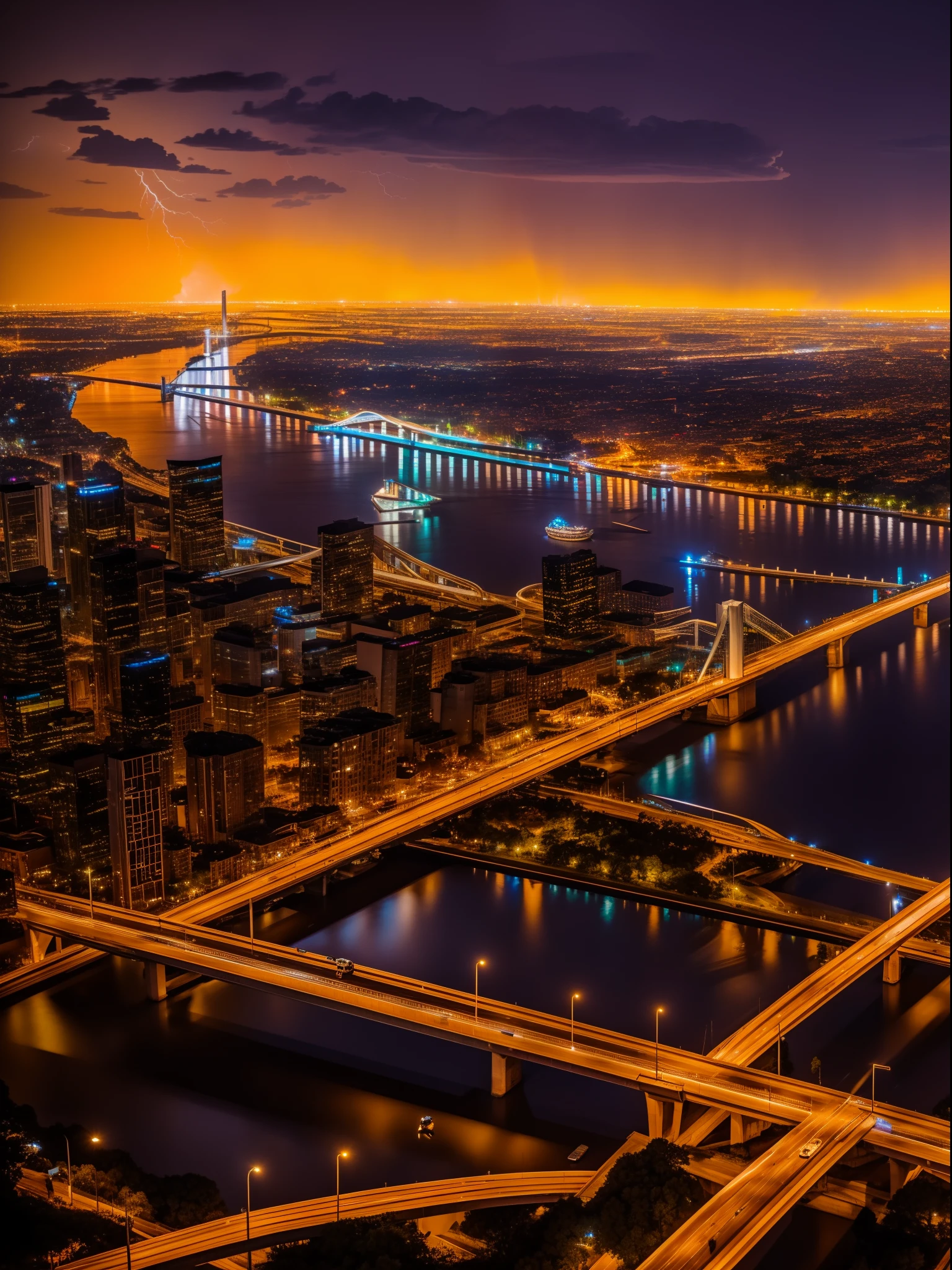 "A young woman and a young man sitting on a bridge, observing the breathtaking view of a burning city from above. The scene is rendered with highly realistic night vision, with thunder and lightning effects creating an immersive atmosphere. The image is of top-notch quality, boasting stunning 8K UHD graphics."