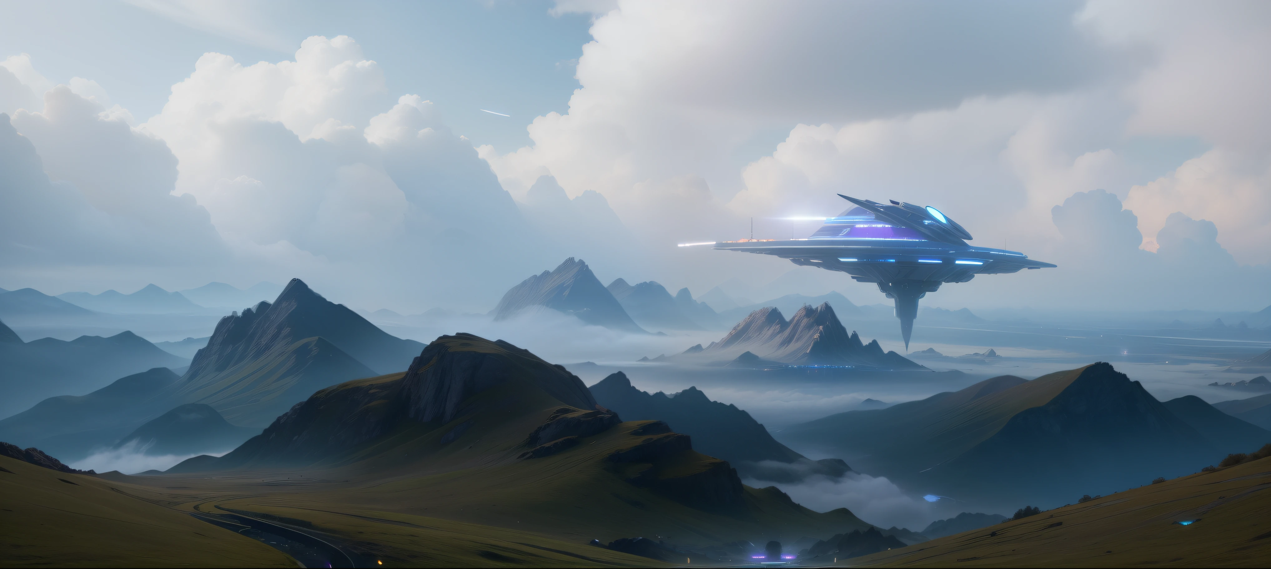 a future city, (Super detail: 1.4), cyberpunk, light, mist, many spaceships, future science and technology spaceship, future technology car, starry sky, CG style, hd wallpaper, cg art, 3D art, Surrealism, photorealistic, cinematic lighting, reflection light, atmospheric perspective, panorama, fisheye, lens flare, bokeh, Surrealism, UHD, super detail, award winning, high details, 8k